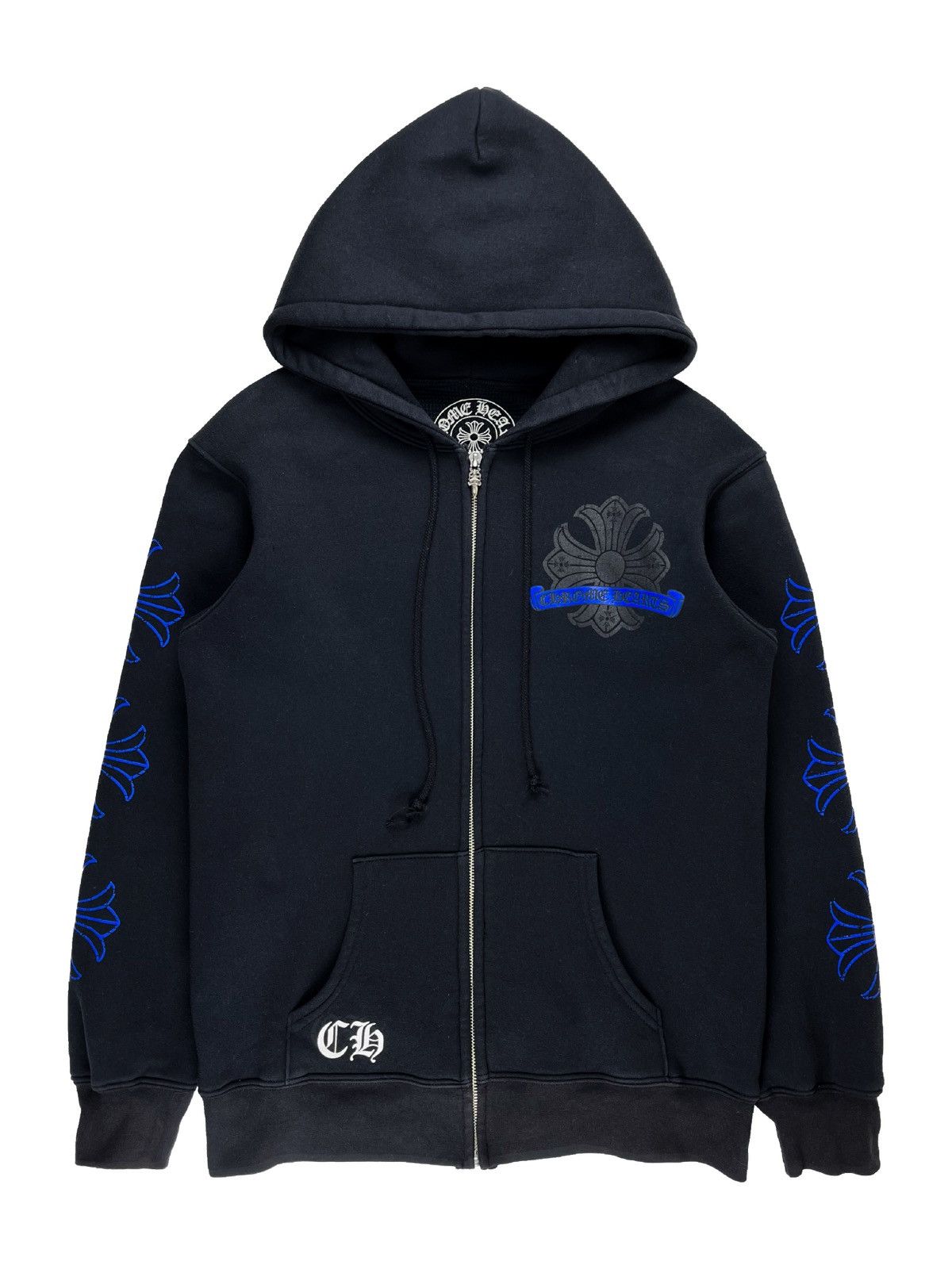 Pre-owned Chrome Hearts X Vintage Chrome Hearts Vintage Blue Horseshoe Zip Up Thermal Hoodie In Black