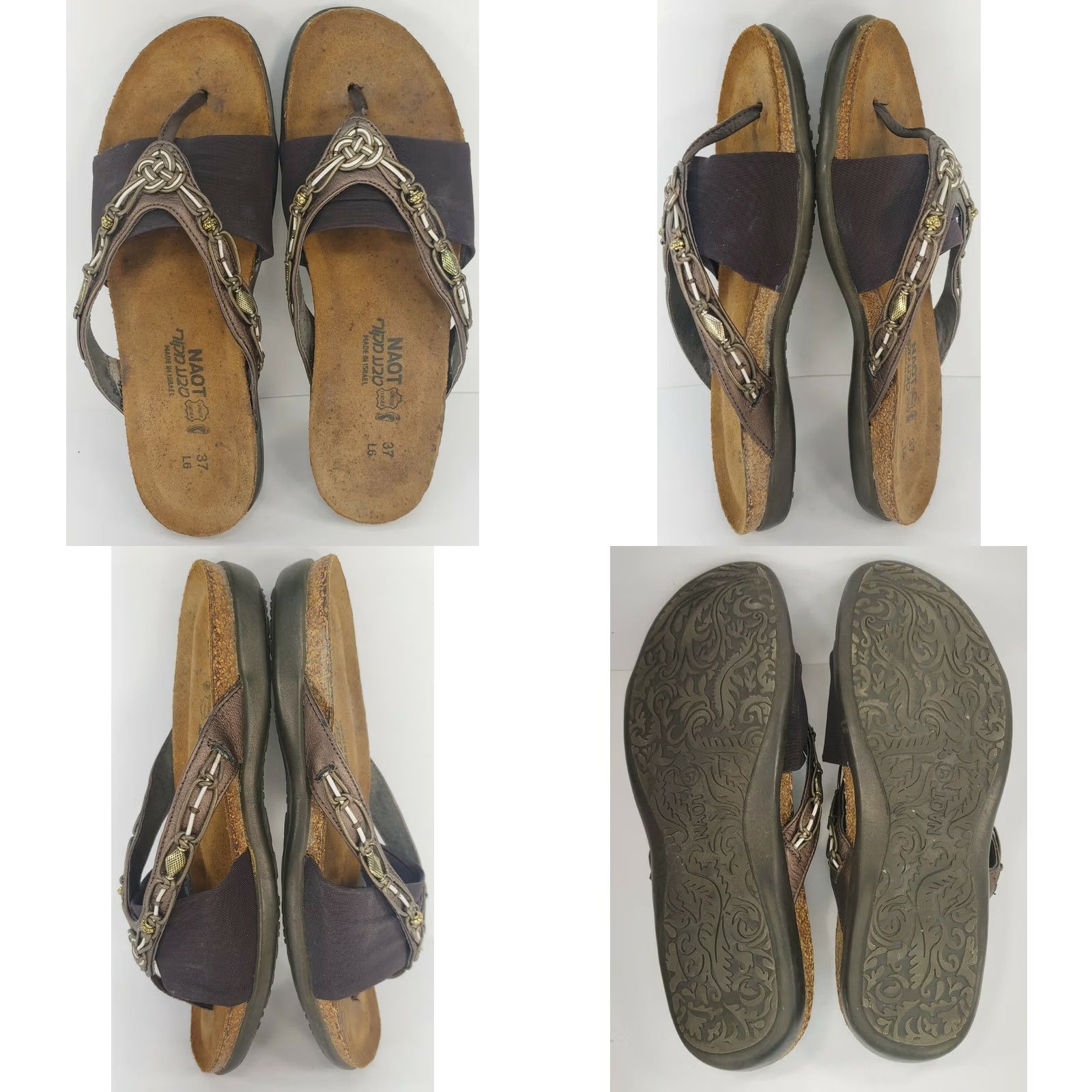Vintage Naot Jennifer Women's 6M 37E Brown Bronze Beading Leather Rope On Straps Flip Flop Thong Sandals Size US 6 / IT 36 - 8 Thumbnail
