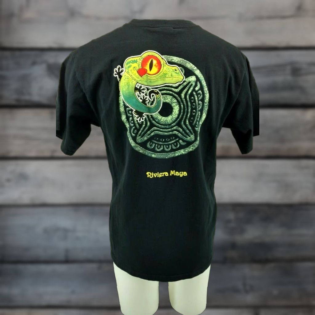 Vintage Caribbean Side Gecko Black T Shirt Men's L Crew Neck Short Sleeve Graphic Tee 100% Cotton Riviera Maya Mexico Vintage No Size US L / EU 52-54 / 3 - 1 Thumbnail