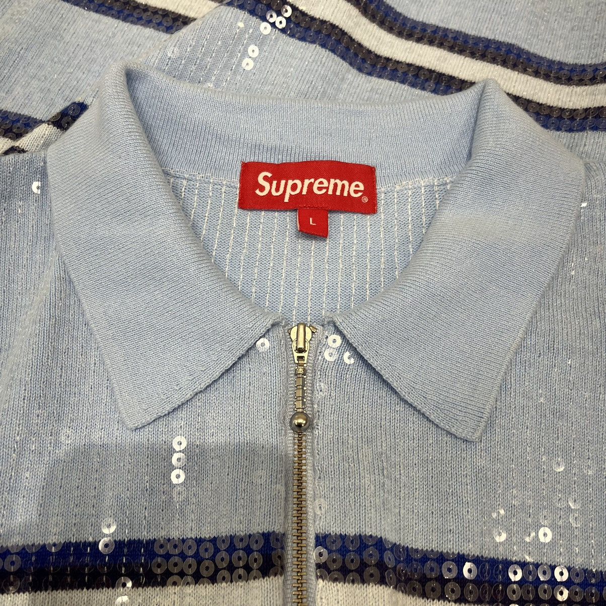 Supreme Supreme Sequin Stripe Zip Polo Blue | Grailed