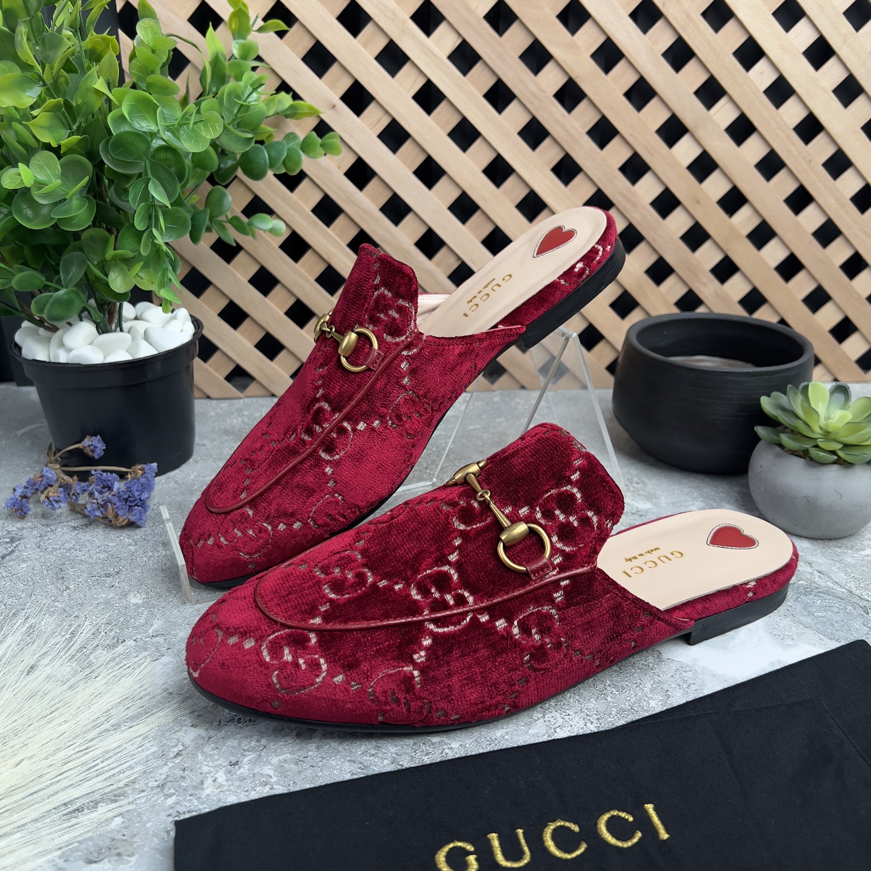 Gucci Princetown Horsebit GG Monogram Mule Red Velour Size US 8 / IT 38 - 3 Thumbnail