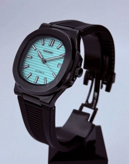 Japanese Brand Seiko Mod Nautilus Tiffany Blue Dial Black Steel Watch 41mm Size ONE SIZE - 3 Thumbnail