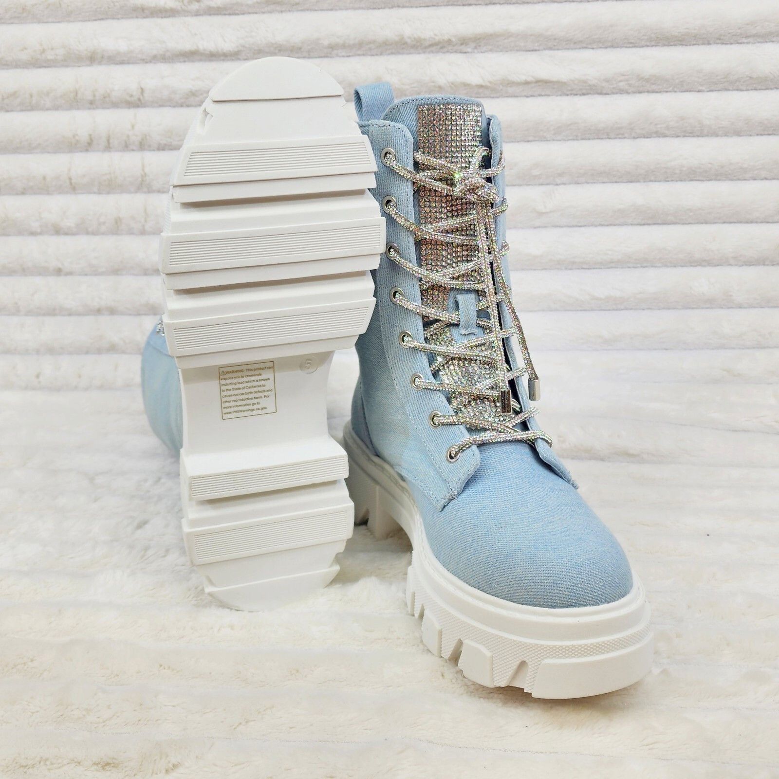 Other Rowan Denim Combat Ankle Boots Iridescent Rhinestone Tongue Size US 9 / IT 39 - 2 Thumbnail