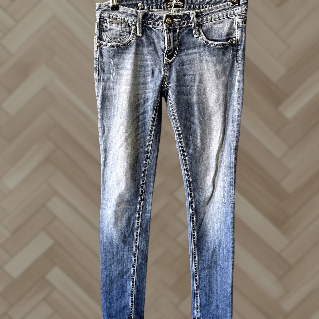 Express VINTAGE? No — ReRock Express Jeans Womens 4R Blue Denim Skinny Embroidered Hardware Logo Jeans (Blue) 30in Waist 31in Inseam Size 27" / US 4 / IT 40 - 1 Thumbnail