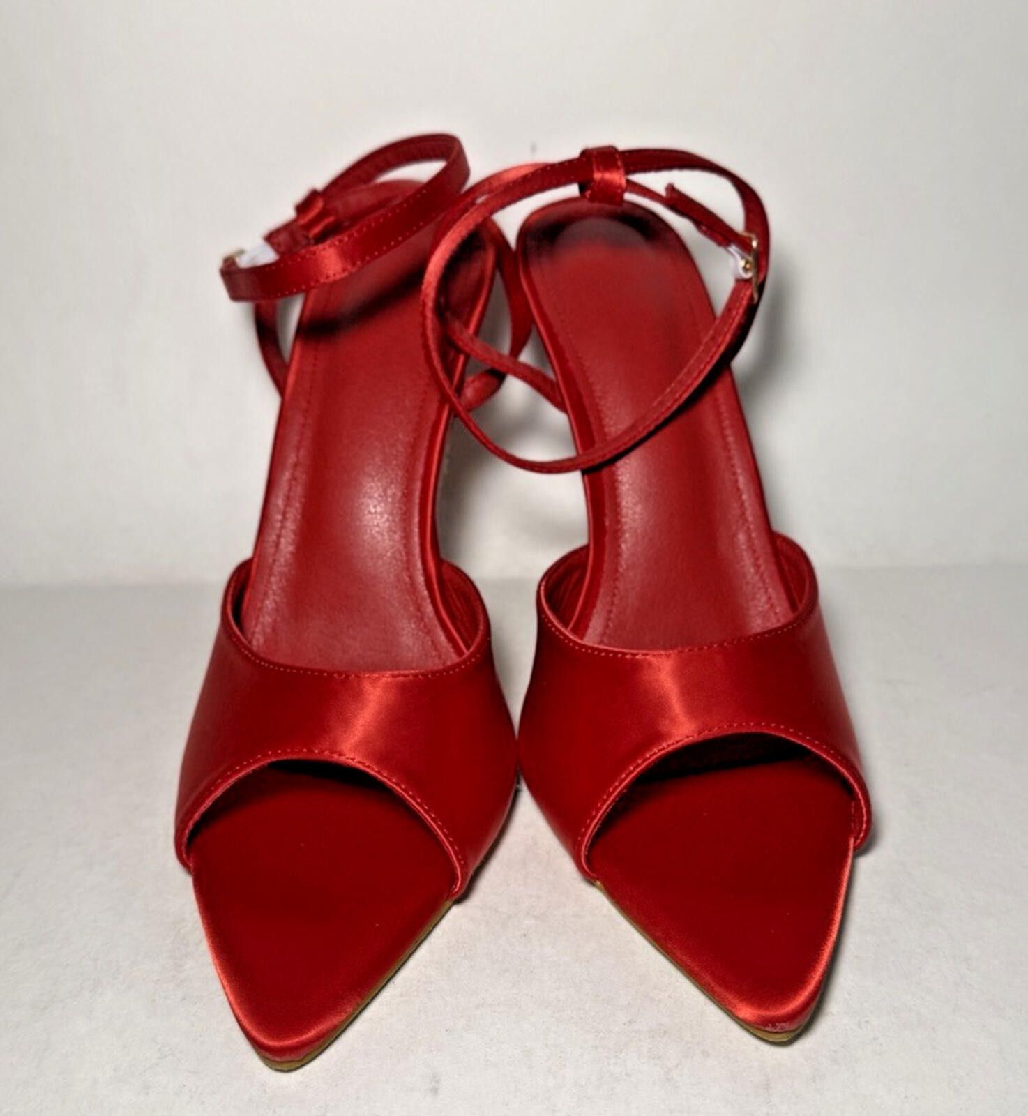 Ego Tripping Truely Ankle Strap Pointed Peep Toe Stiletto Red Satin Size US 9 / IT 39 - 1 Thumbnail