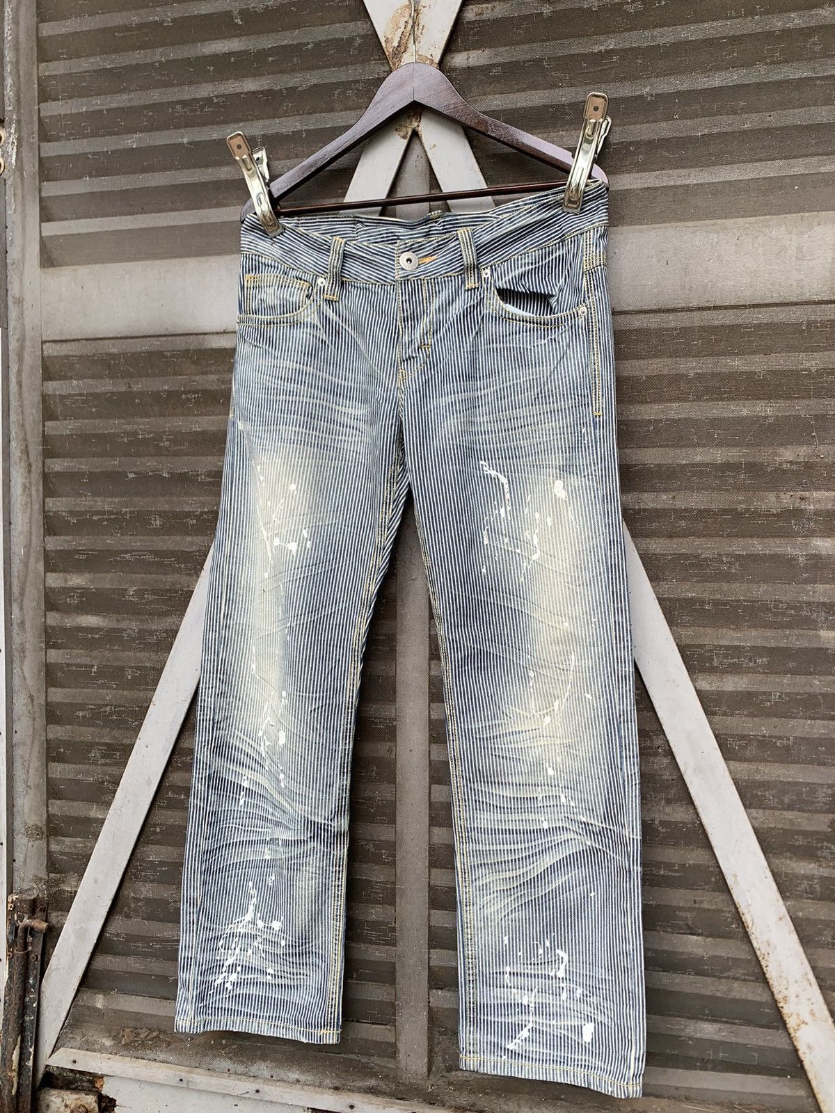 image of Vintage Striped Pants W Paint Splatter Baggy Pants (Woman) in Blue, Men's (Size 34)