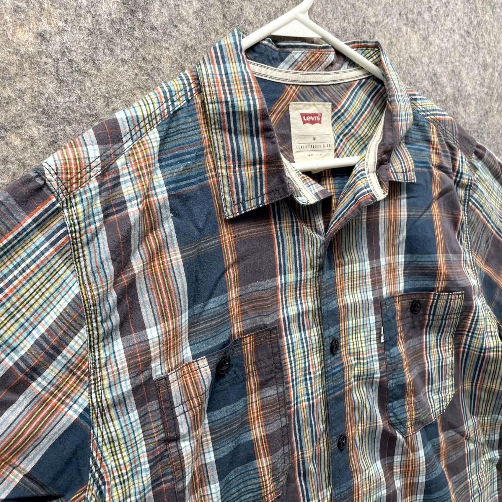 Levi's VINTAGE Levi's Shirt Men Medium Blue Button Down Short Sleeve Madras Plaid Western"> Size US M / EU 48-50 / 2 - 3 Thumbnail