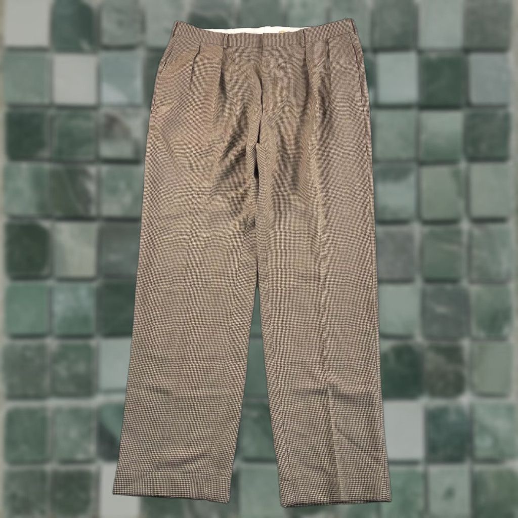 Polo Ralph Lauren VINTAGE Polo Ralph Lauren Dress Pants Men's 36x33 Brown Wool Mohair Houndstooth Pleated Cuffed With Suspender Buttons Size US M / EU 48-50 / 2 - 1 Thumbnail