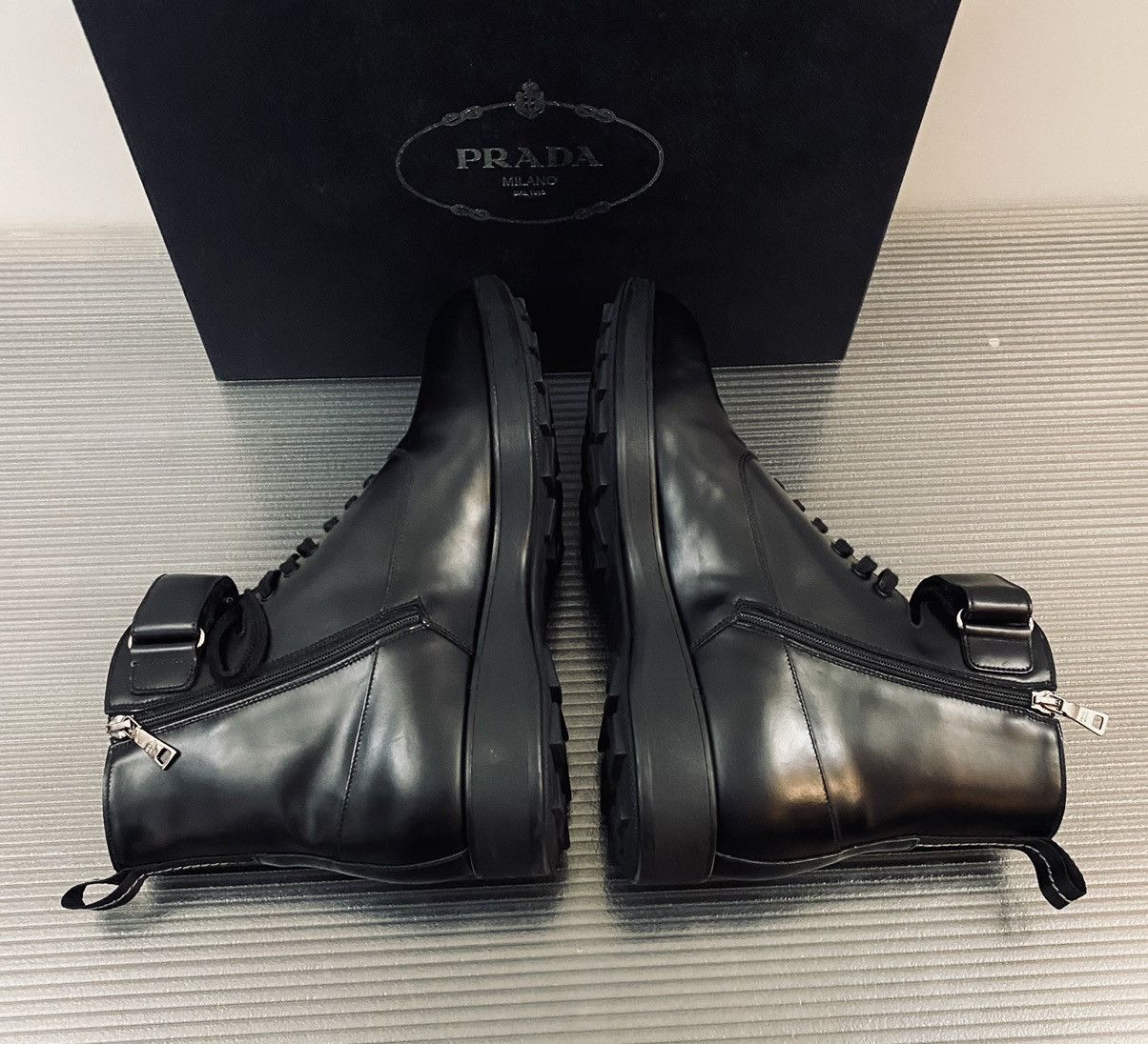 Prada Prada 🇮🇹 black calf side zip top collar combat boots 10 NEW Size US 10 / EU 43 - 5 Thumbnail