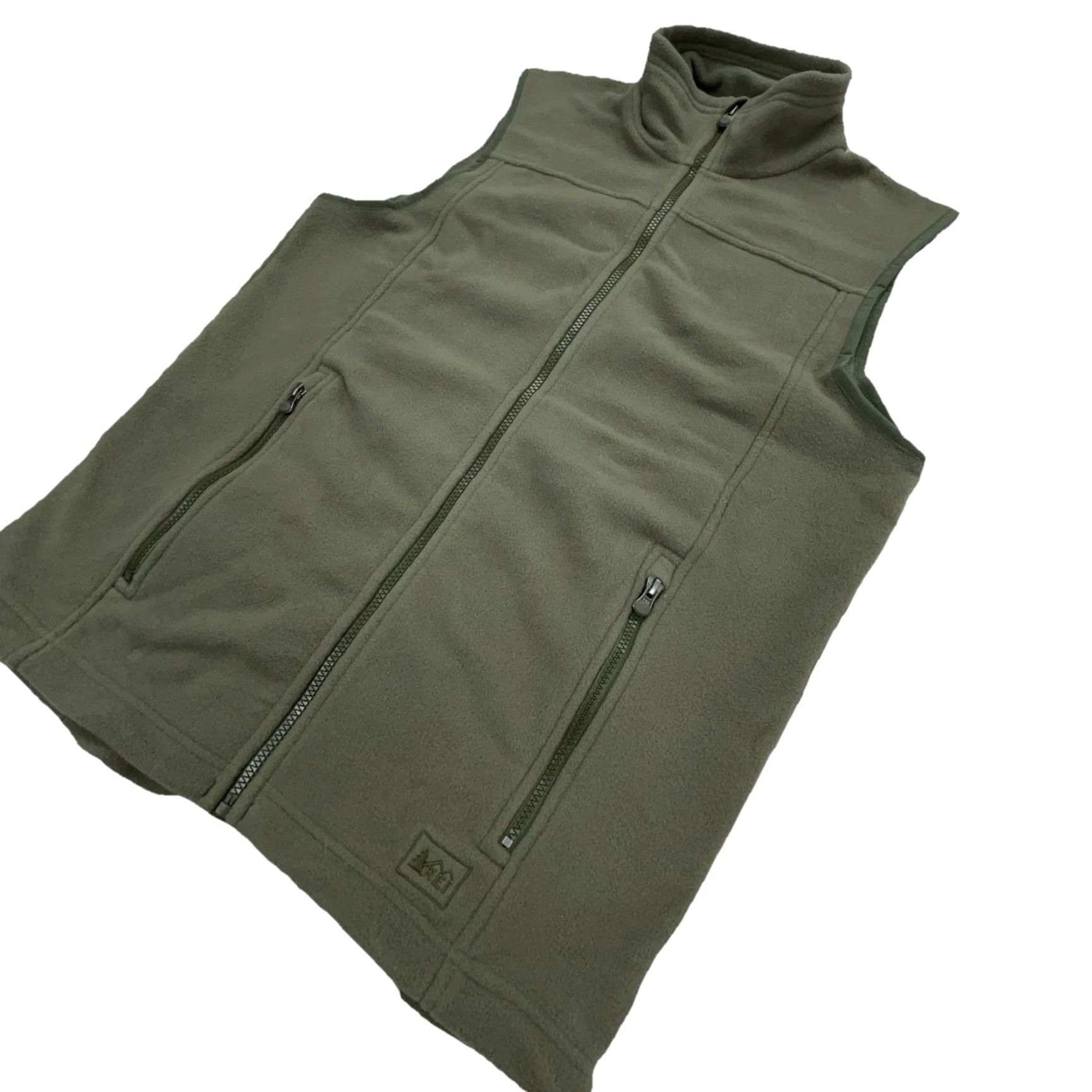 Vintage VEST REI Men M Green Fleece Jacket Layer Outdoors Olive Army Hiking Short Stand-Up Collar Zipper Pockets All Seasons Regular Fit Size US M / EU 48-50 / 2 - 2 Thumbnail