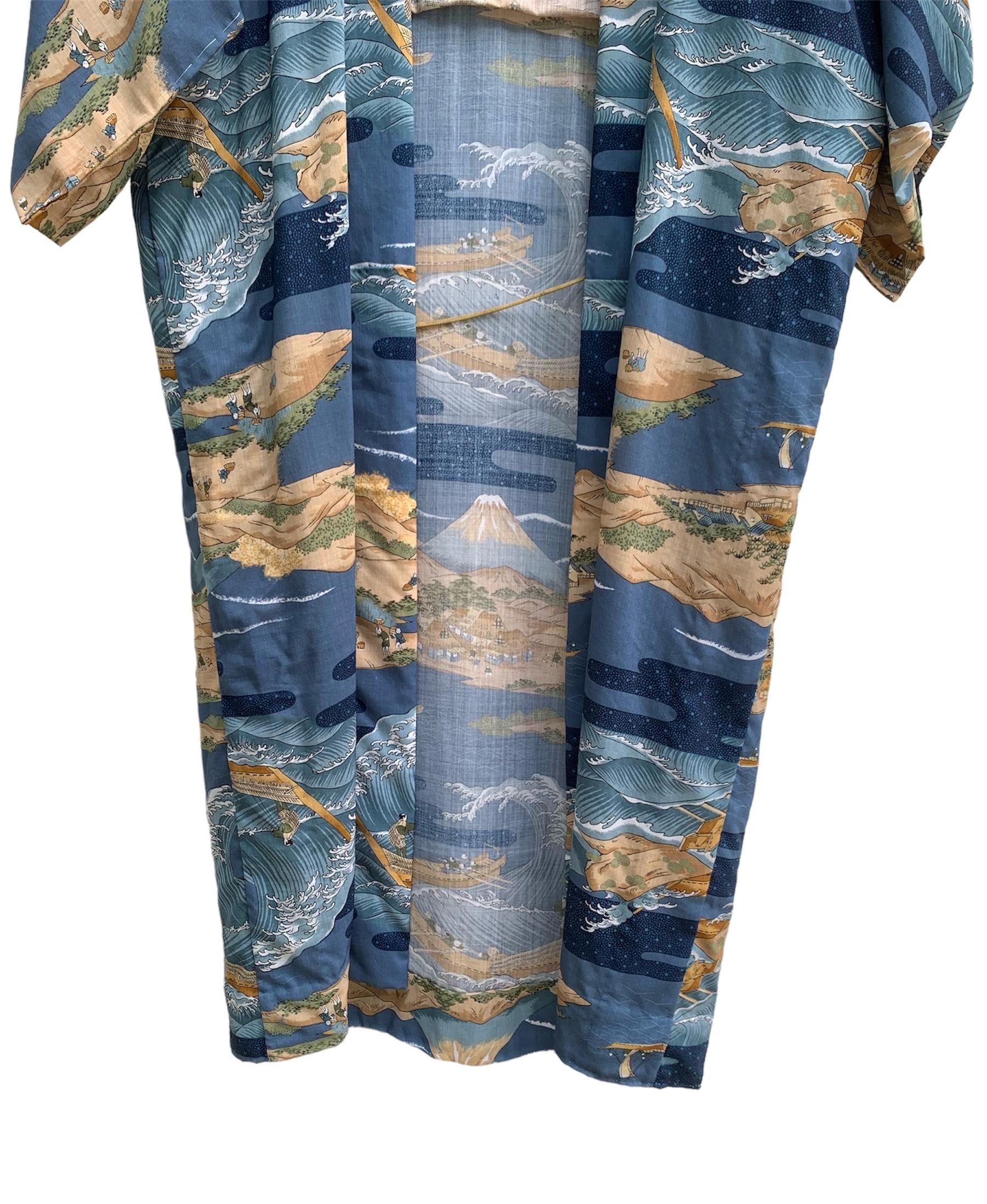 Komono Kimono Japanese Coastal Village Scane Design Size US L / EU 52-54 / 3 - 6 Thumbnail
