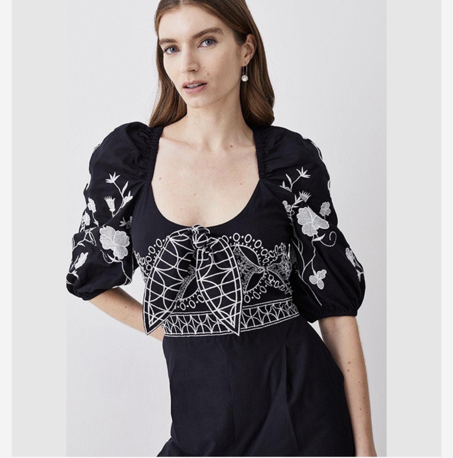 Other Karen Millen Floral Embroidered Woven Black/White Jumpsuit Size 32" / US 10 / IT 46 - 3 Thumbnail