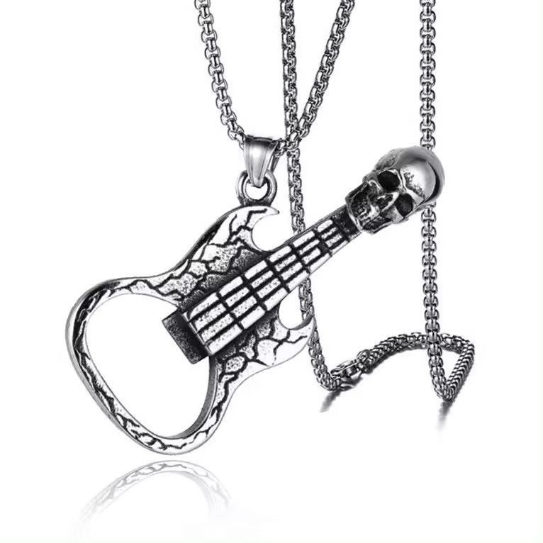 Jewelry skull guitar bottle opener titanium steel pendant necklace Size ONE SIZE - 2 Thumbnail