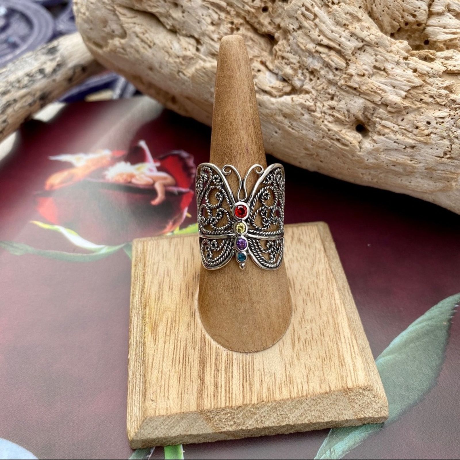 The Unbranded Brand Sterling Silver Filigree CZ Butterfly Ring Size ONE SIZE - 1 Thumbnail