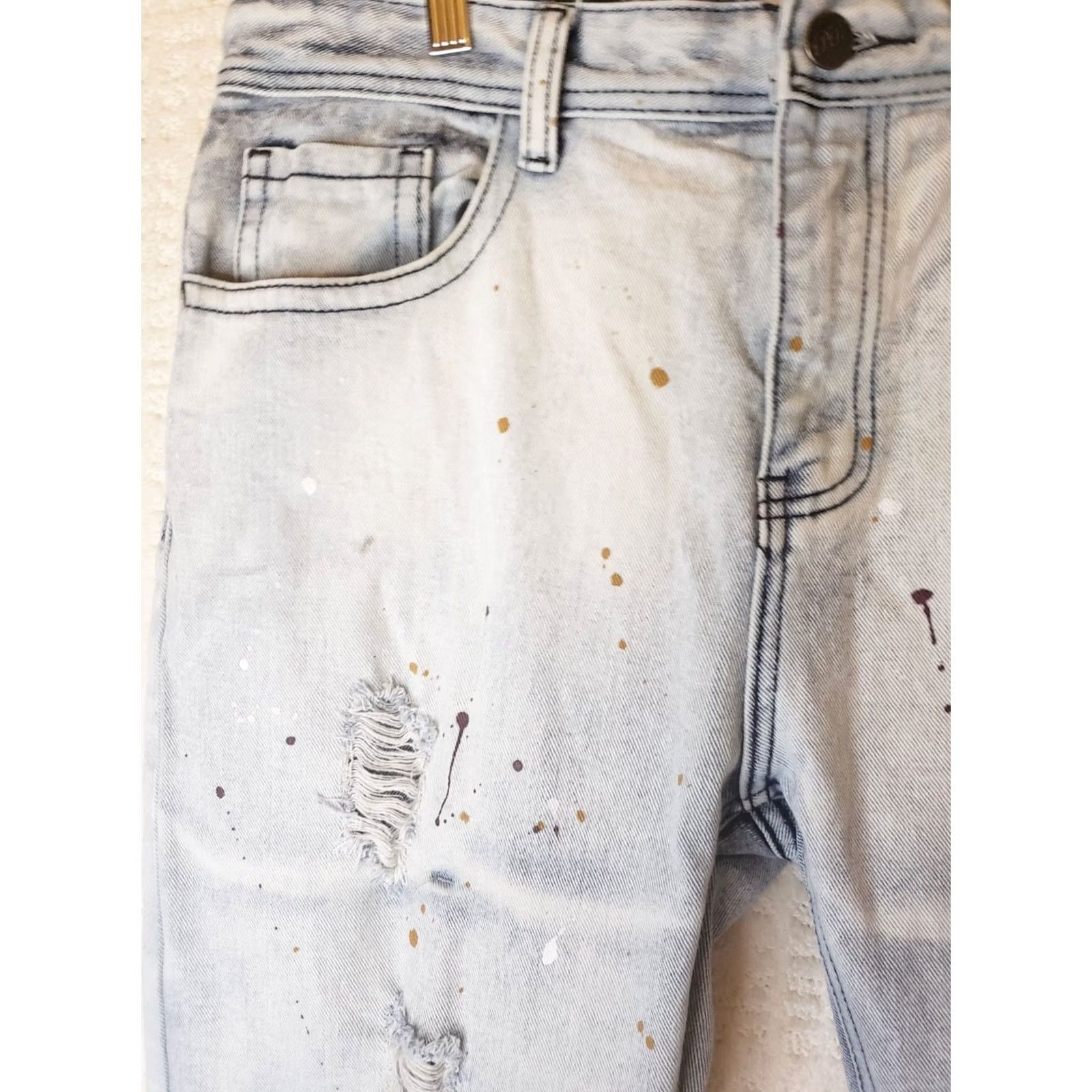 CO Painted Rum Denim Co Jeans 38x32 Distressed Paint Splatter Graphics Regular Men Jeans Blue 98%Cotton 2%Elastane Mid Rise 10-12in Zip Closure Size US 38 / EU 54 - 4 Thumbnail