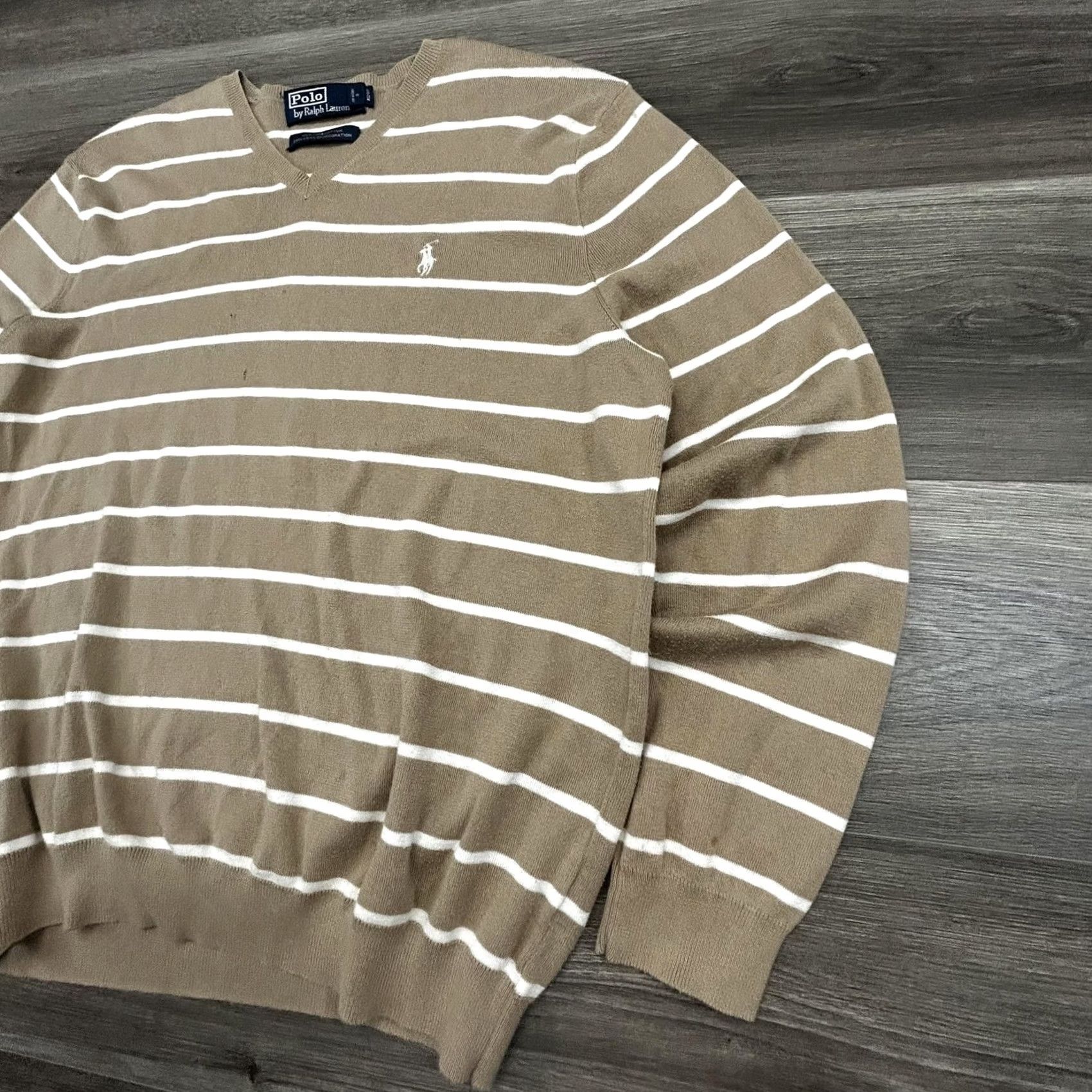 Polo Ralph Lauren VINTAGE Polo Ralph Lauren Sweater Mens Large Beige Striped V Neck 100% Pima Cotton Pullover Knit Logo Embroidered Chest Womens? Mens Size US L / EU 52-54 / 3 - 4 Thumbnail