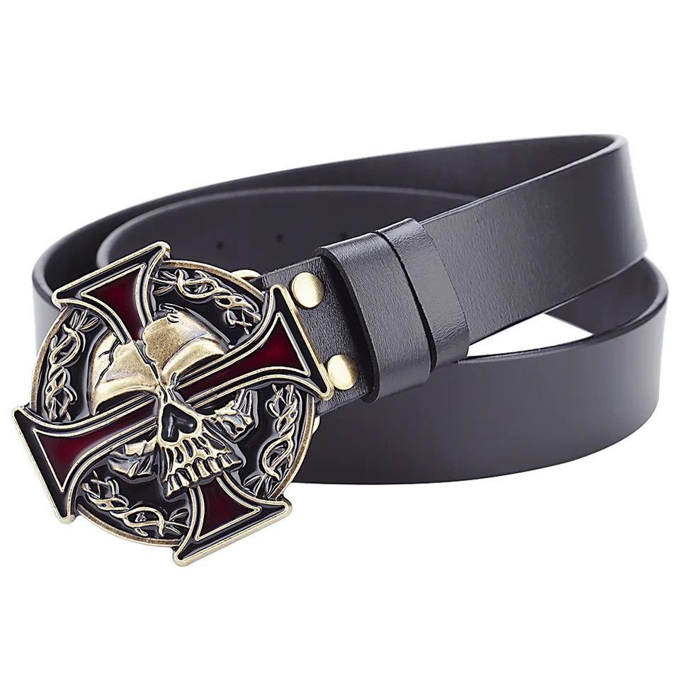 image of Skull Cross Face Buckle Skeleton Pu Leather Belt in Black, Men's