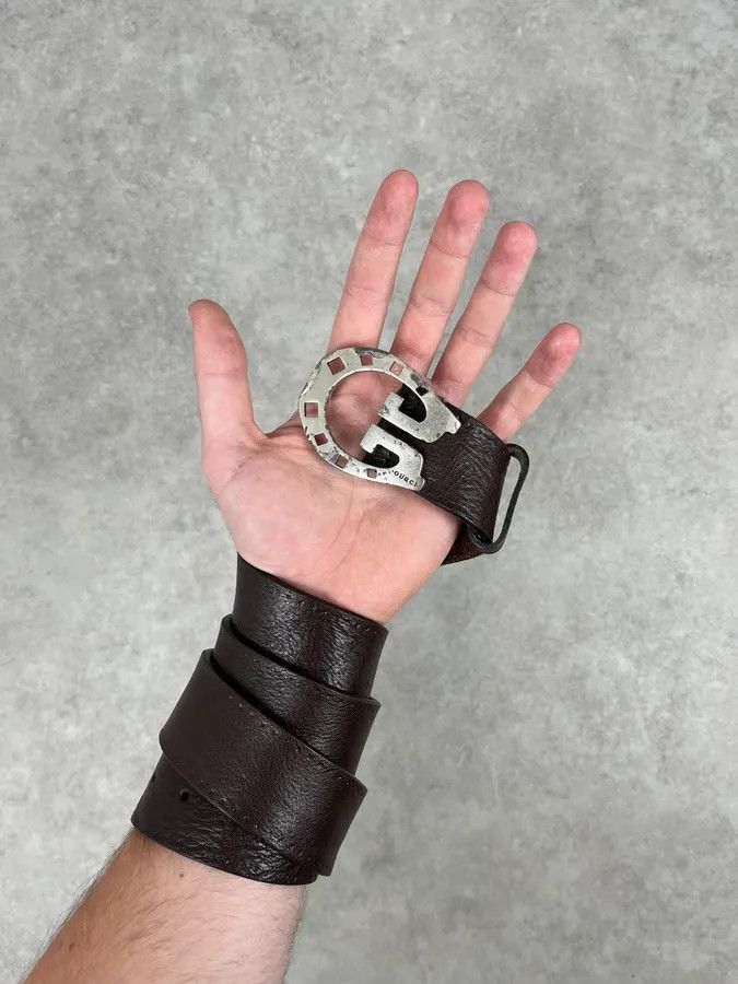 Gucci 2000s Gucci Brown Leather Horseshoe Logo Buckle Belt Size ONE SIZE - 3 Thumbnail