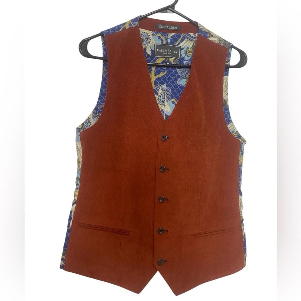 Designer PAISLEY & GRAY Slim Fit Orange Corduroy Vest Formal Small Size 36R - 2 Thumbnail