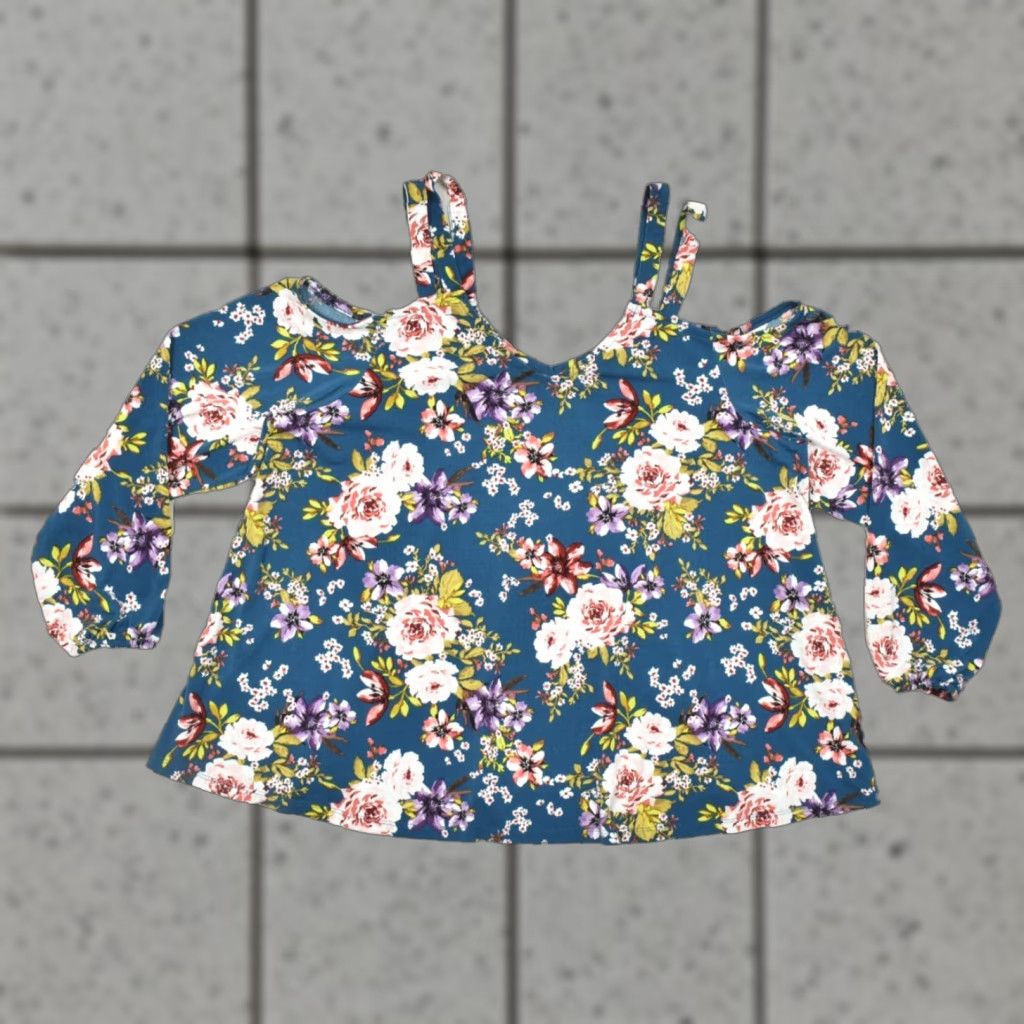 Torrid Torrid Blouse Blue Floral Cold Shoulder V-Neck Long Sleeve Top Women Plus Size 0 Size XS / US 0-2 / IT 36-38 - 1 Thumbnail