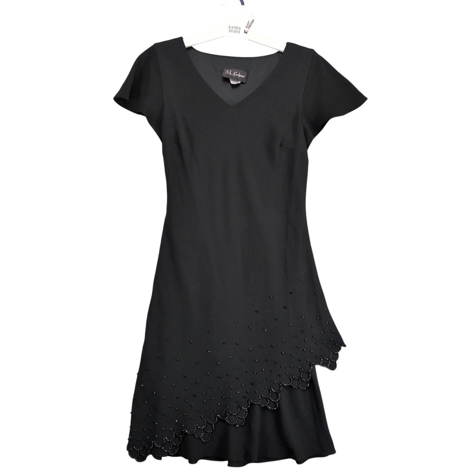 Vintage SL Fashions Black Asymmetric Beads Cocktail Evening Dress 10 Size L / US 10 / IT 46 - 1 Thumbnail