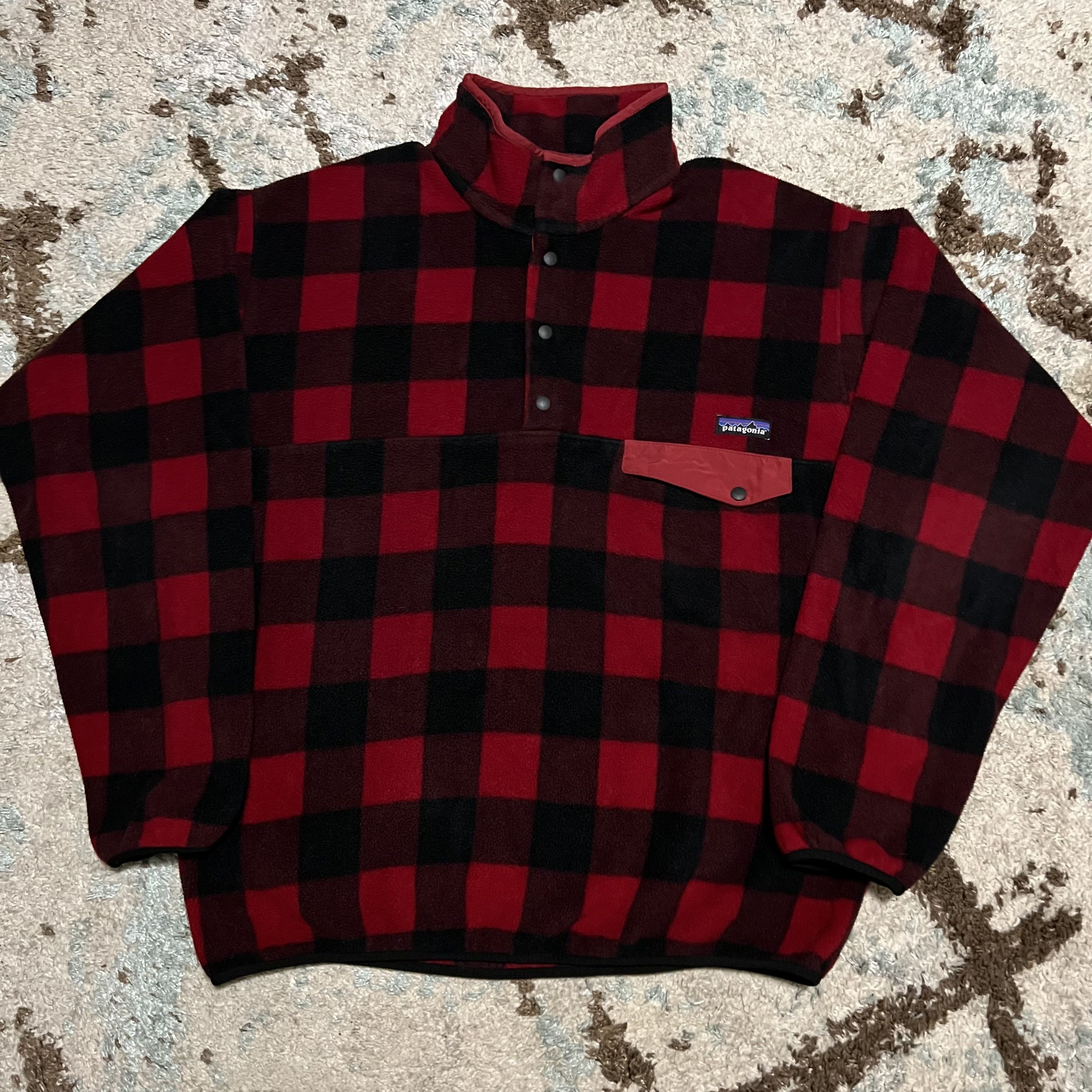 Image of Patagonia Synchilla Mens Snap T Fleece Sweater Large Plaid in Black/Red