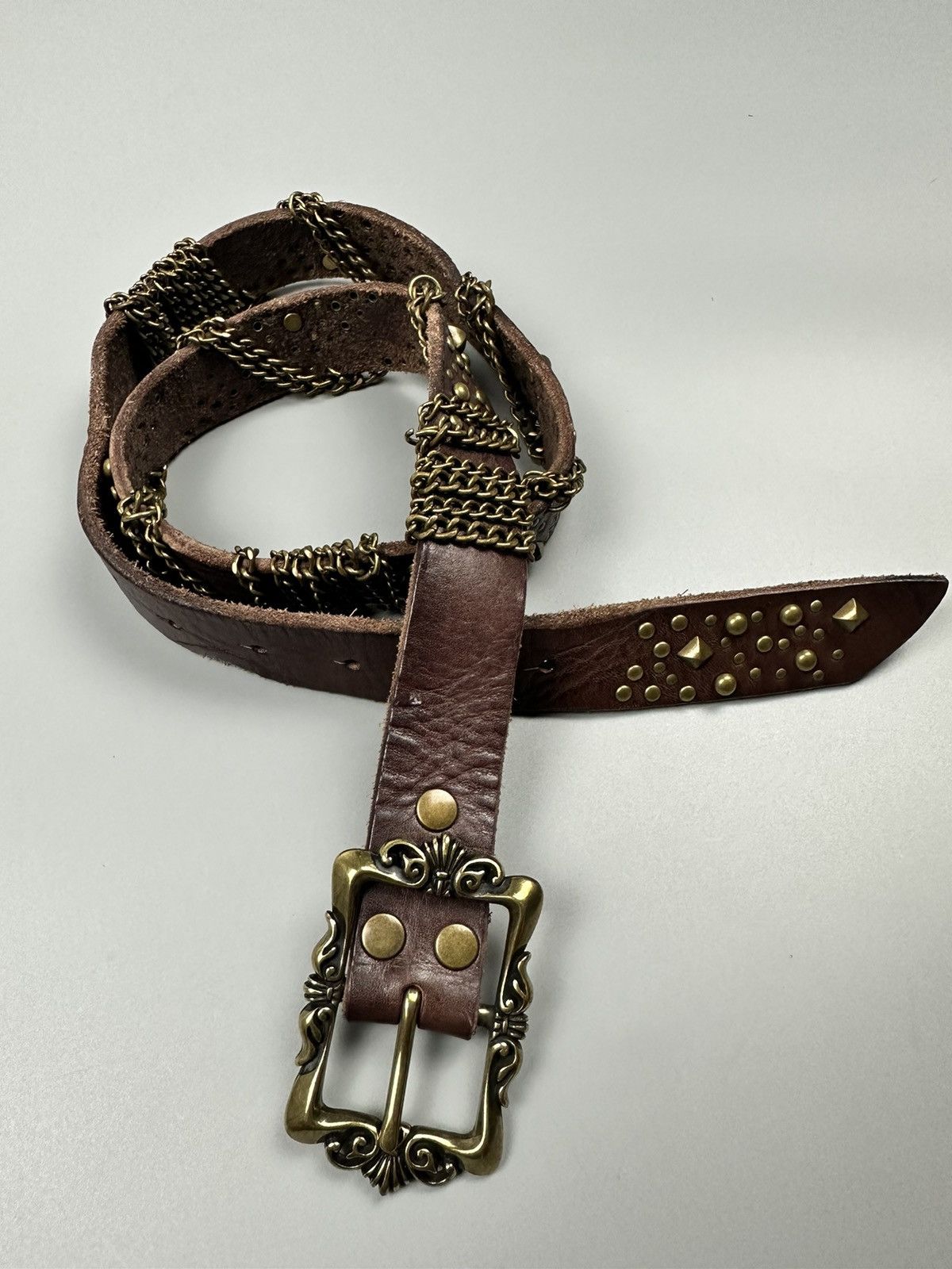 Japanese Brand Rare Gothic Celtic Flower Buckle Studded Leather Belt Size 34 - 2 Thumbnail
