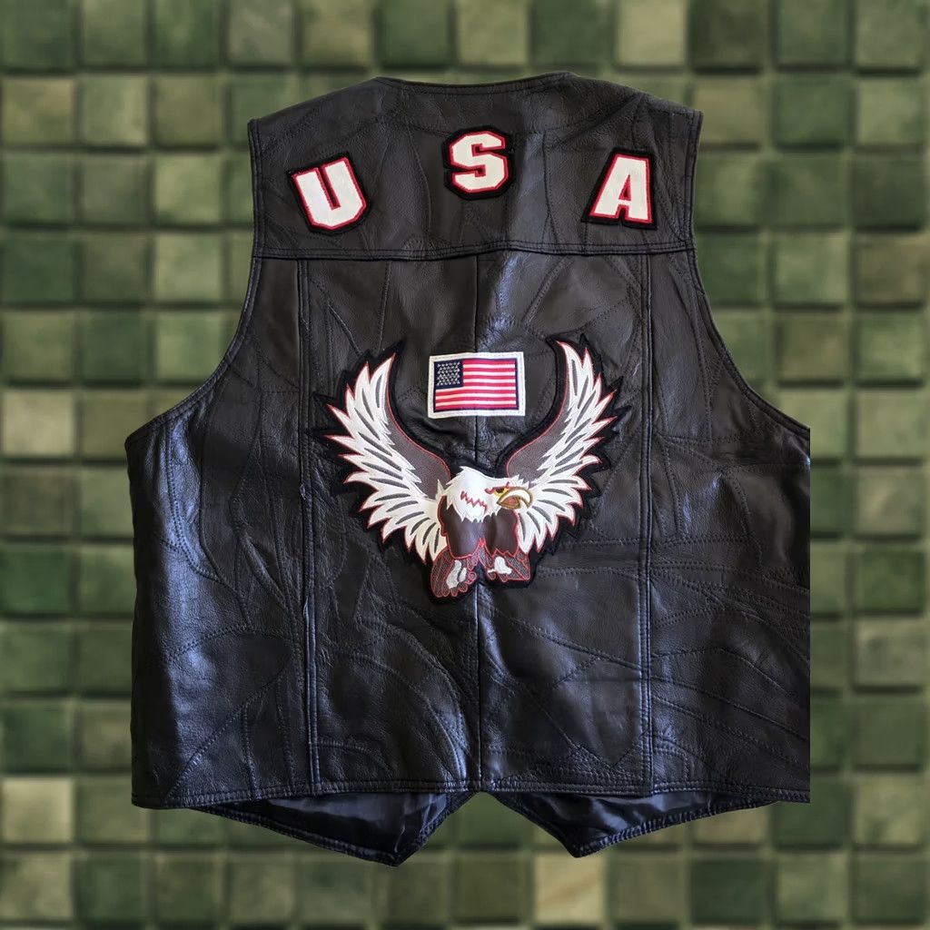 Vintage VINTAGE 80s Leather Biker Vest USA Leather Bald Eagle Button Up Pockets XL Mens Black Leather Vest Size US XL / EU 56 / 4 - 1 Thumbnail