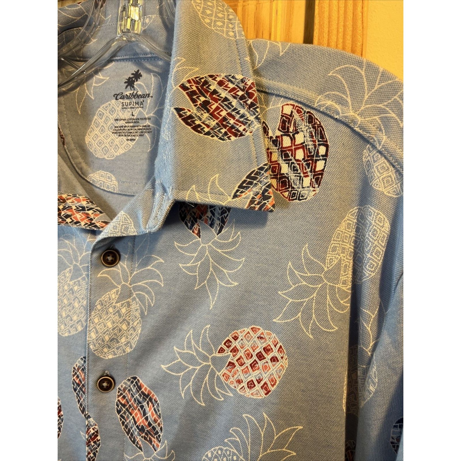 Caribbean Caribbean Men's L Blue Pineapple Button Cotton Blend Shirt Size US L / EU 52-54 / 3 - 9 Thumbnail