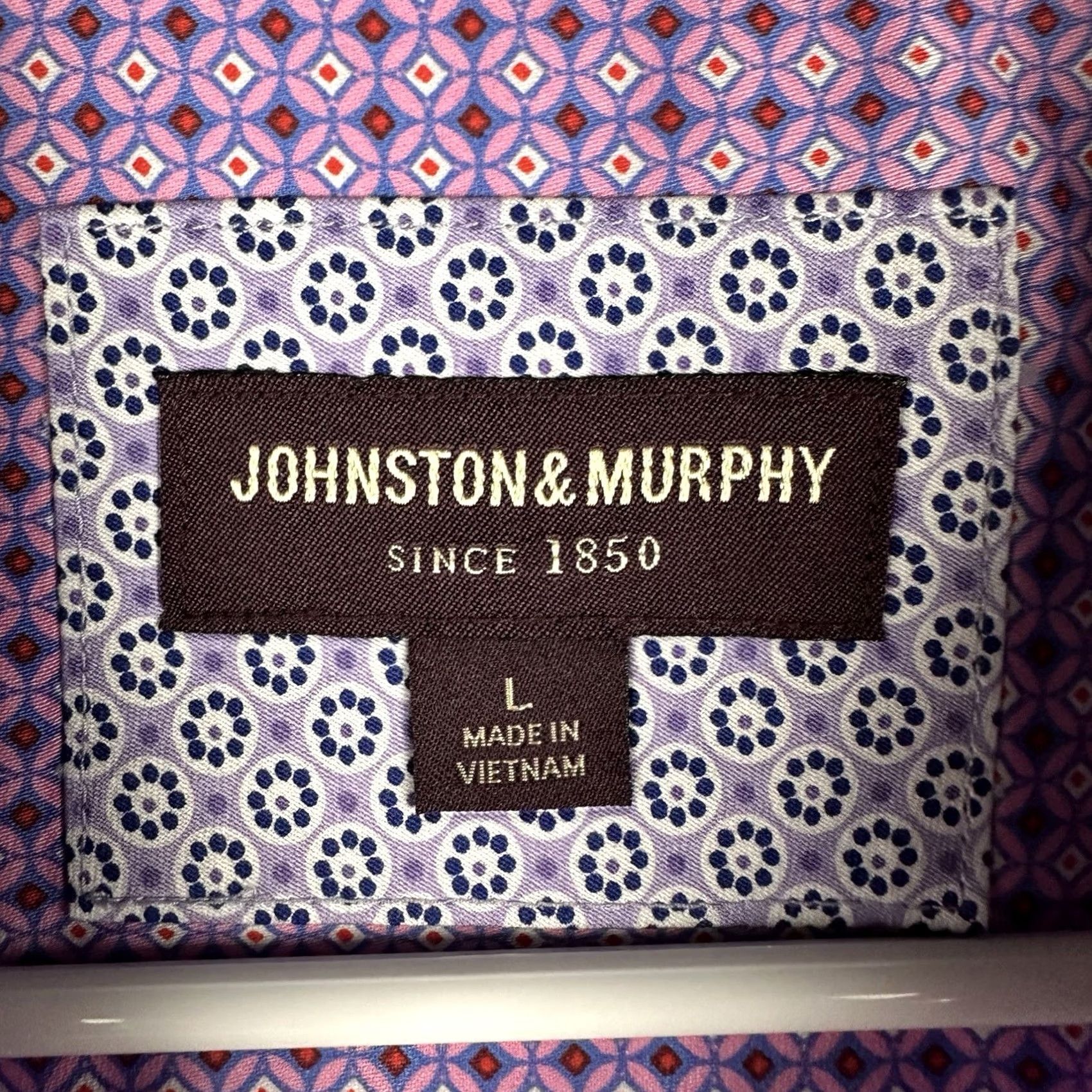 Johnston & Murphy Johnston & Murphy Shirt Mens Large Pink Geometric Button-Down Cotton EUC Size US L / EU 52-54 / 3 - 4 Thumbnail
