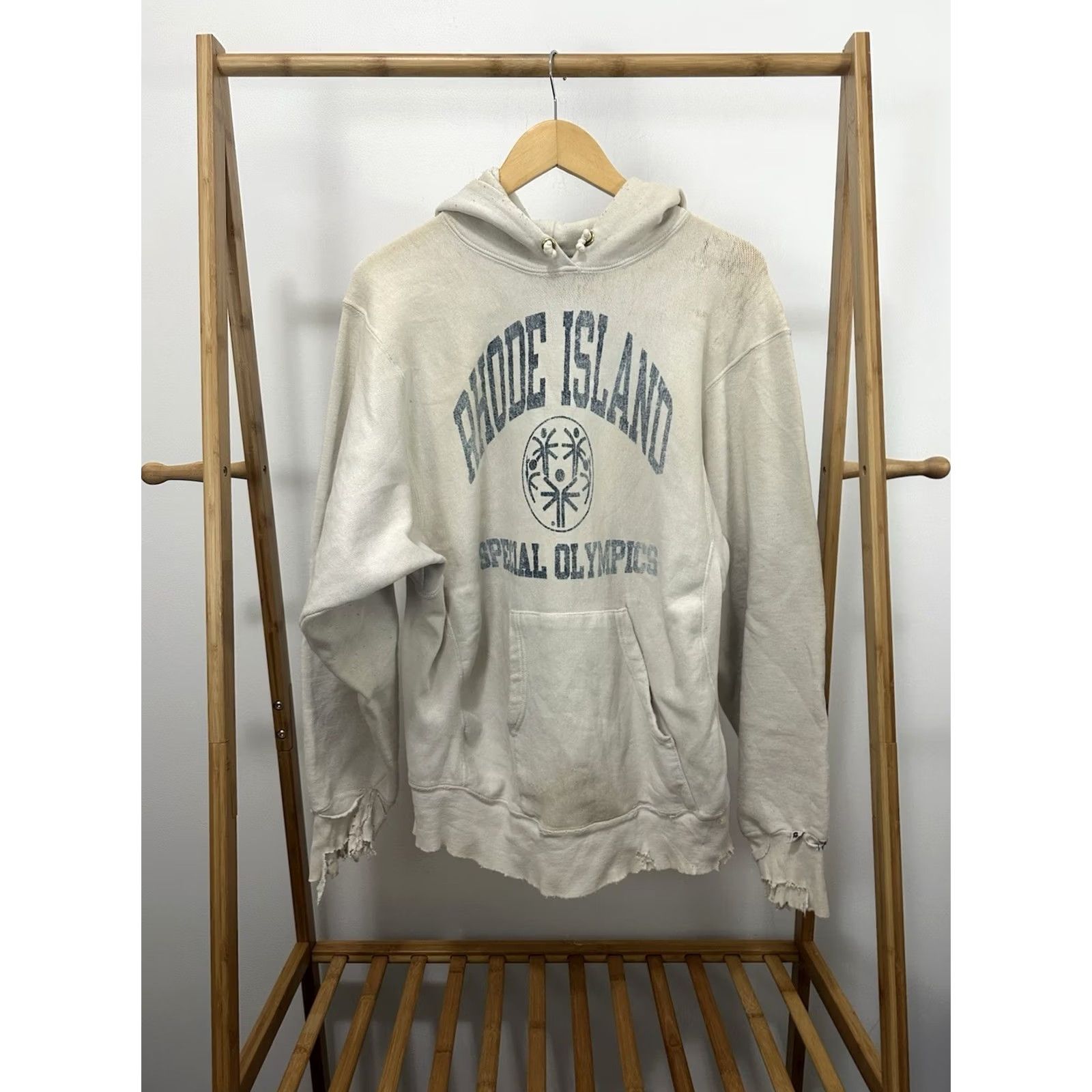 RHODE VTG Rhode Island Special Olympics Thrashed Distressed Worn Weave Hoodie XL Mens Ivory Pullover Grunge THRASHED DISTRESSED WORN threadbare thin 90s Size US XL / EU 56 / 4 - 2 Thumbnail