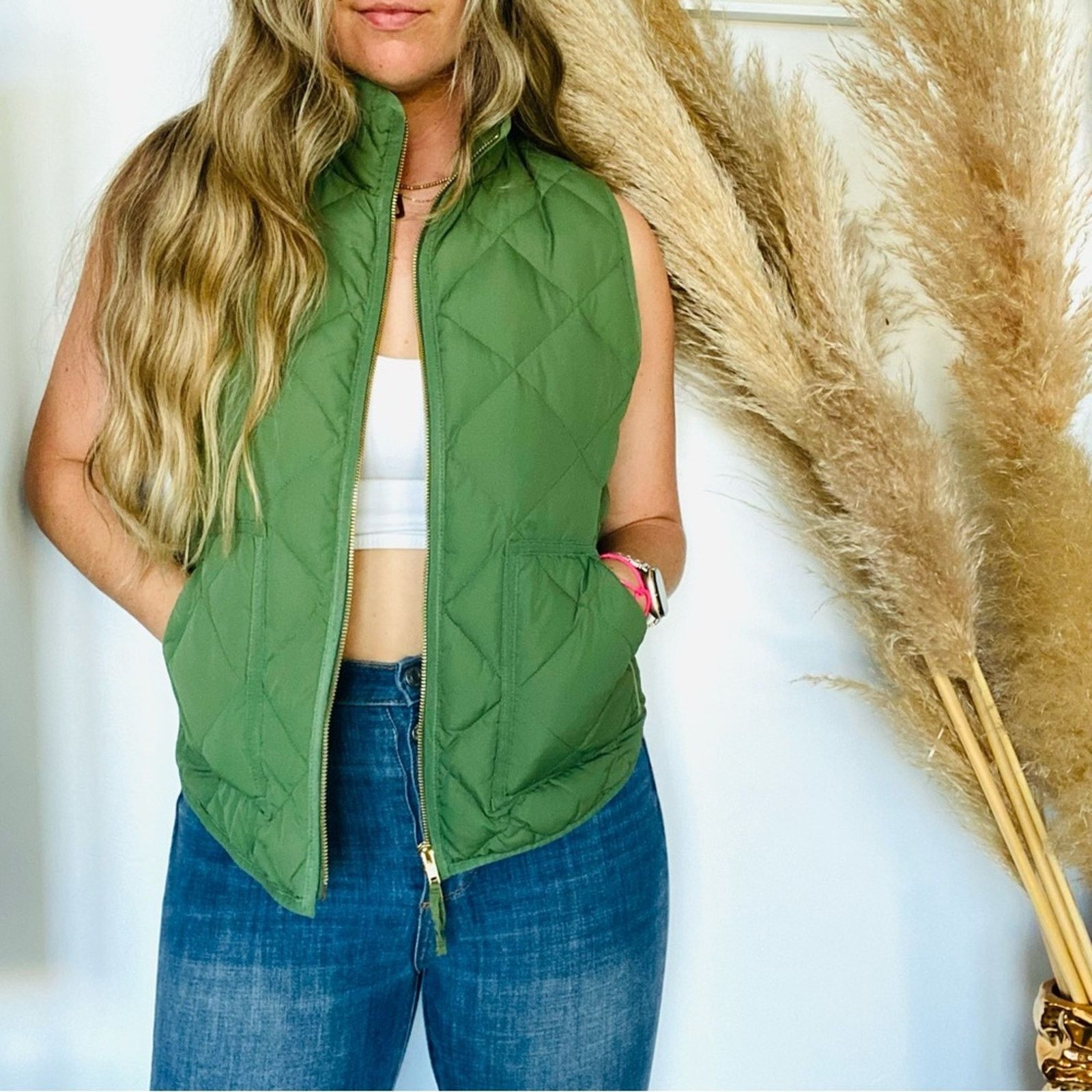 J.Crew J CREW Olive Green Quilted Puffer Down Gold Zip Vest Jacket Size M / US 6-8 / IT 42-44 - 1 Thumbnail