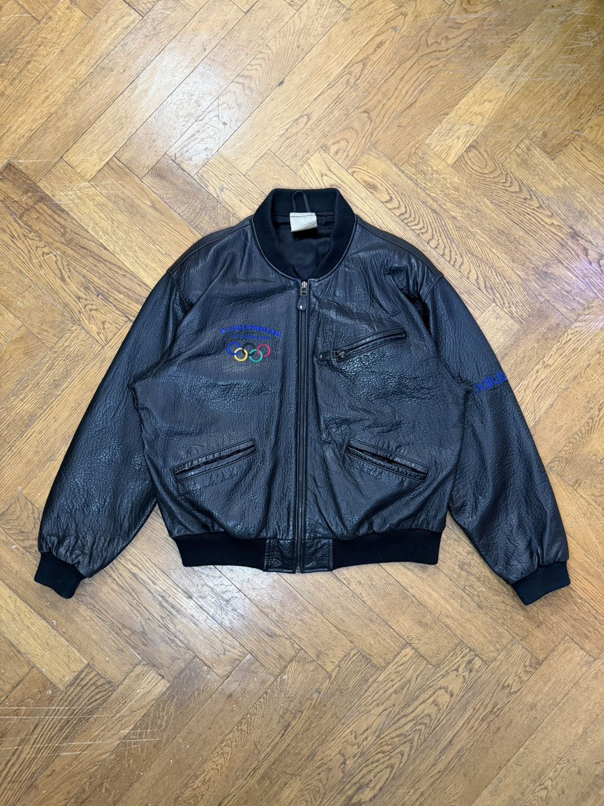 Adidas Vintage 80s Adidas Leather Jacket – Black Olympics Bomber Size US M / EU 48-50 / 2 - 8 Thumbnail