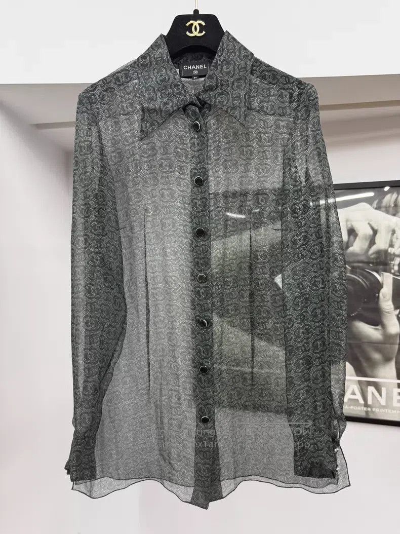 Chanel Chanel Dark green full logo silk shirt Size XXS / US 00 / IT 34 - 1 Thumbnail
