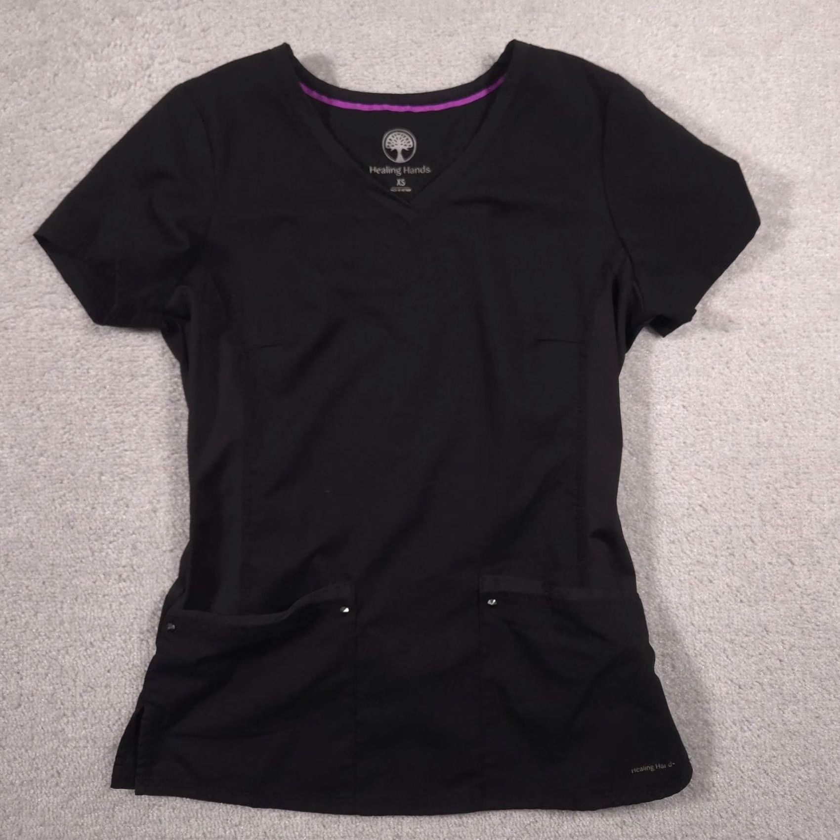 Vintage Healing Hands Scrub Top Womens XS Black V Neck Studded Pocket Medical Nursing Shirt Size XS / US 0-2 / IT 36-38 - 2 Thumbnail