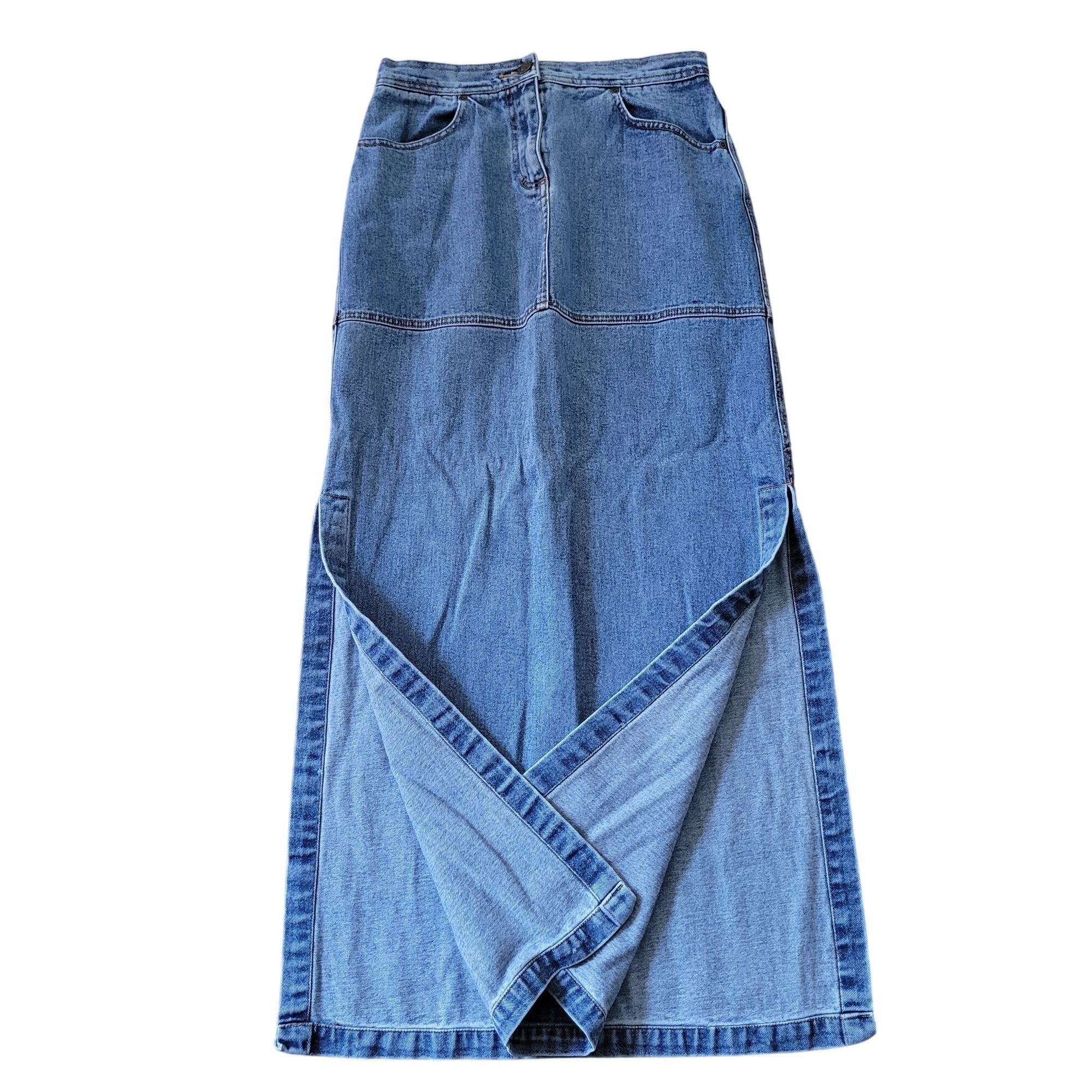 Vintage Jeanology Denim Maxi Skirt 6 Cotton Long Skirt Side Slits 90 Size 28" / US 6 / IT 42 - 4 Thumbnail