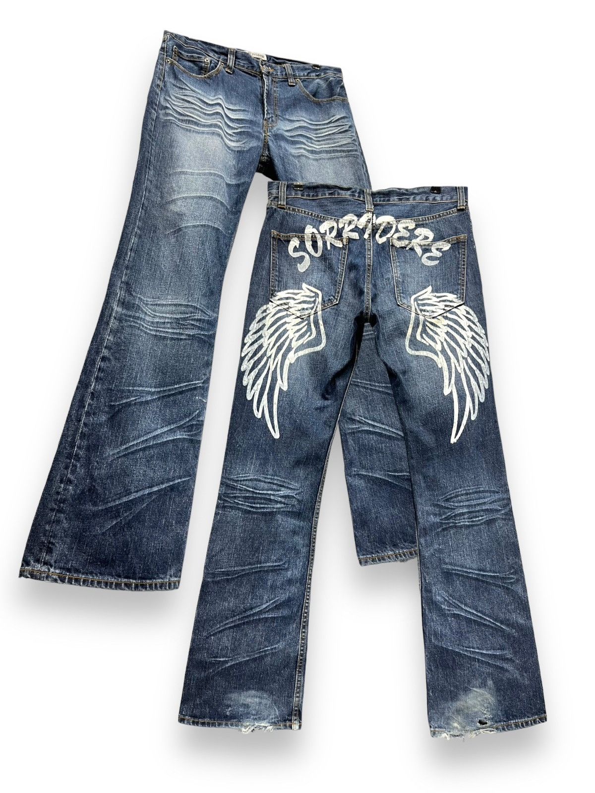 image of Verysorridere Punk Angel Wings Printed Flare Denim in Blue, Men's (Size 32)