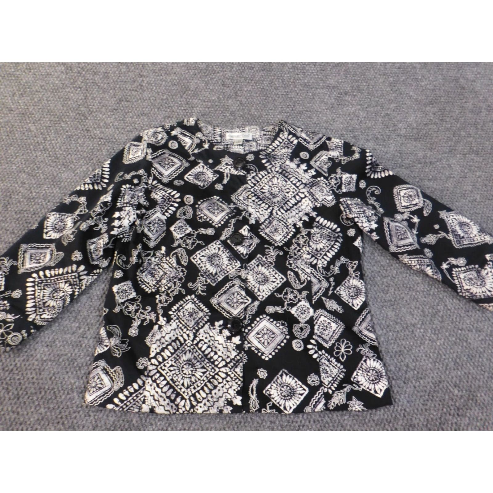 Coldwater Creek Coldwater Creek Blazer Jacket Geometric Black Womens 10 Stretch Button Mid-Length Long Sleeve Tweed Lining Polyester Vintage: No (drop if not allowed) Size L / US 10 / IT 46 - 2 Thumbnail