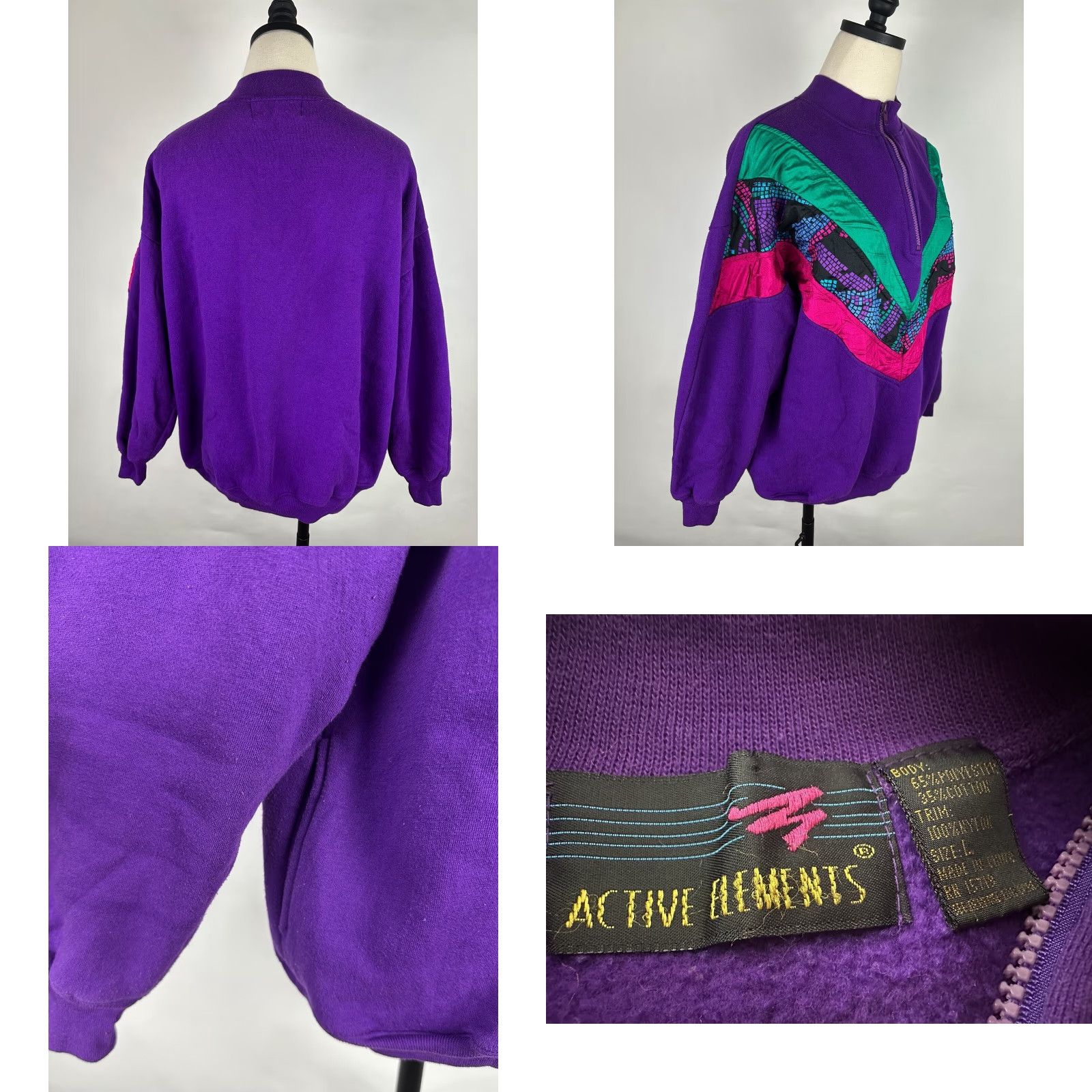 Vintage VINTAGE Active Elements Sweatshirt 80s 90s Geometric Patchwork 1/4 Zip Pullover Purple Women's Large Knit Cotton Blend Casual Womens Size L / US 10 / IT 46 - 8 Thumbnail