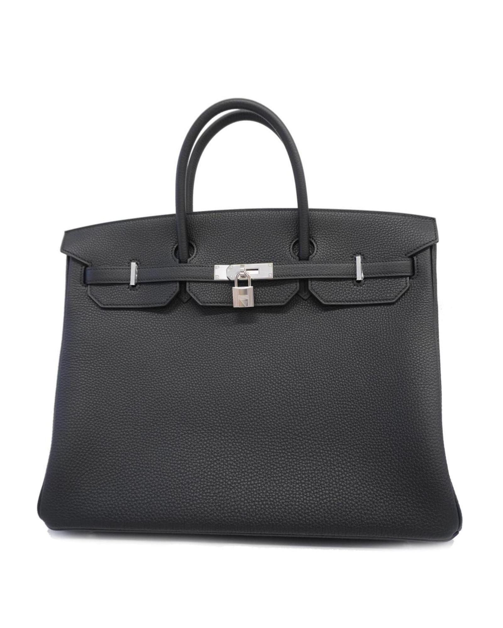 image of Hermes Luxury Black Leather Handbag With Silver Hardware, Women's