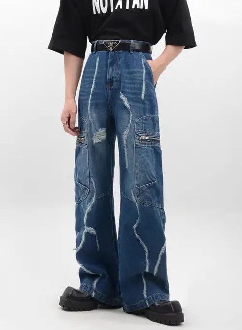 VIBE Retro raw edge washed distressed wide leg jeans Size US 32 / EU 48 - 4 Thumbnail