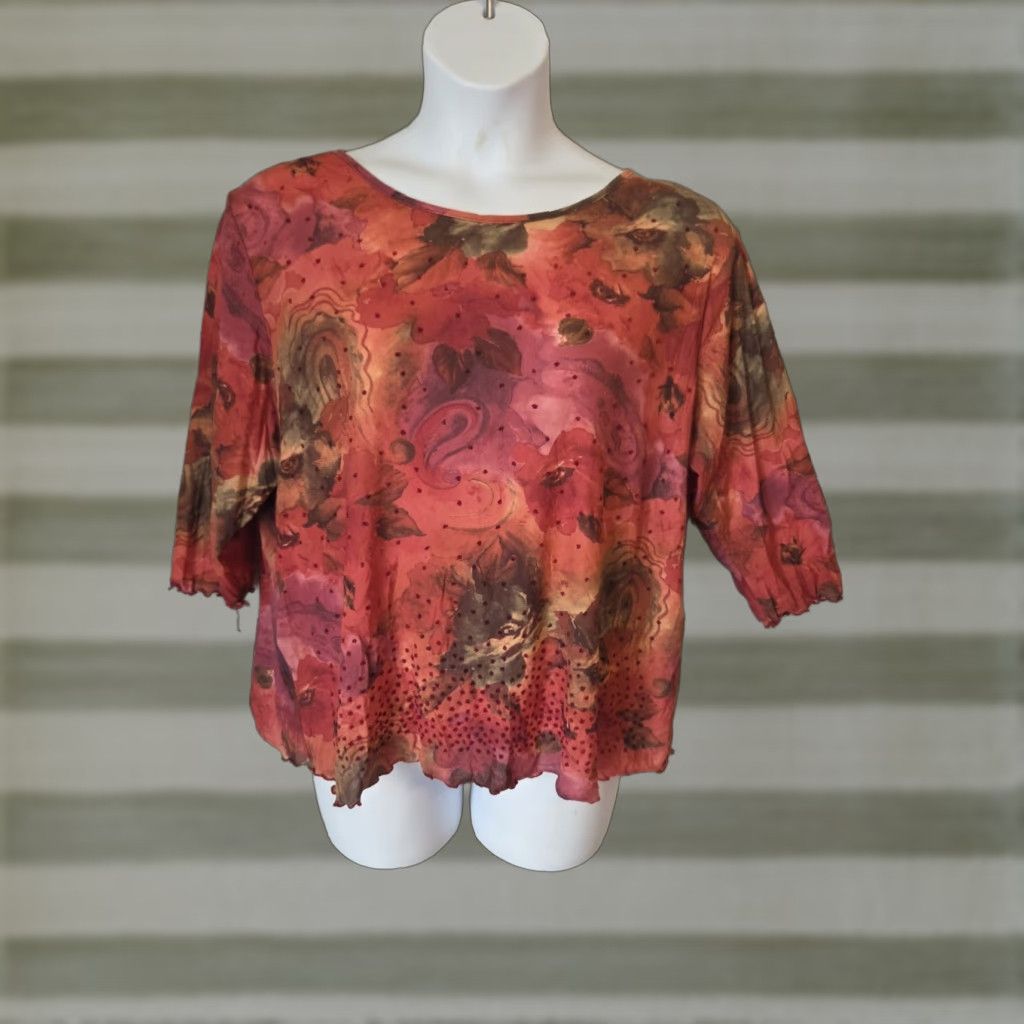 Avenue Avenue Red Floral Beaded Lightweight Top Boho 22/24 Plus Size Lightweight Beaded Neck Round 3/4 Sleeve Womens Blouse Size 3XL / US 20-22 - 1 Thumbnail