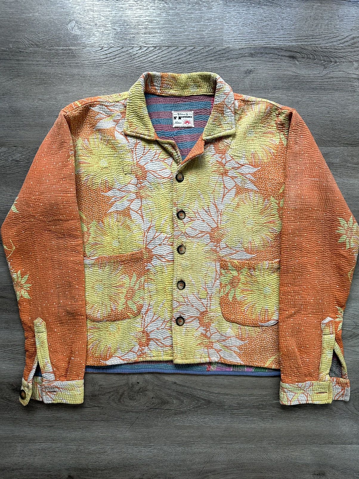 Pre-owned No Maintenance One-of-one Vintage Kantha Quilt Jacket In Yellow
