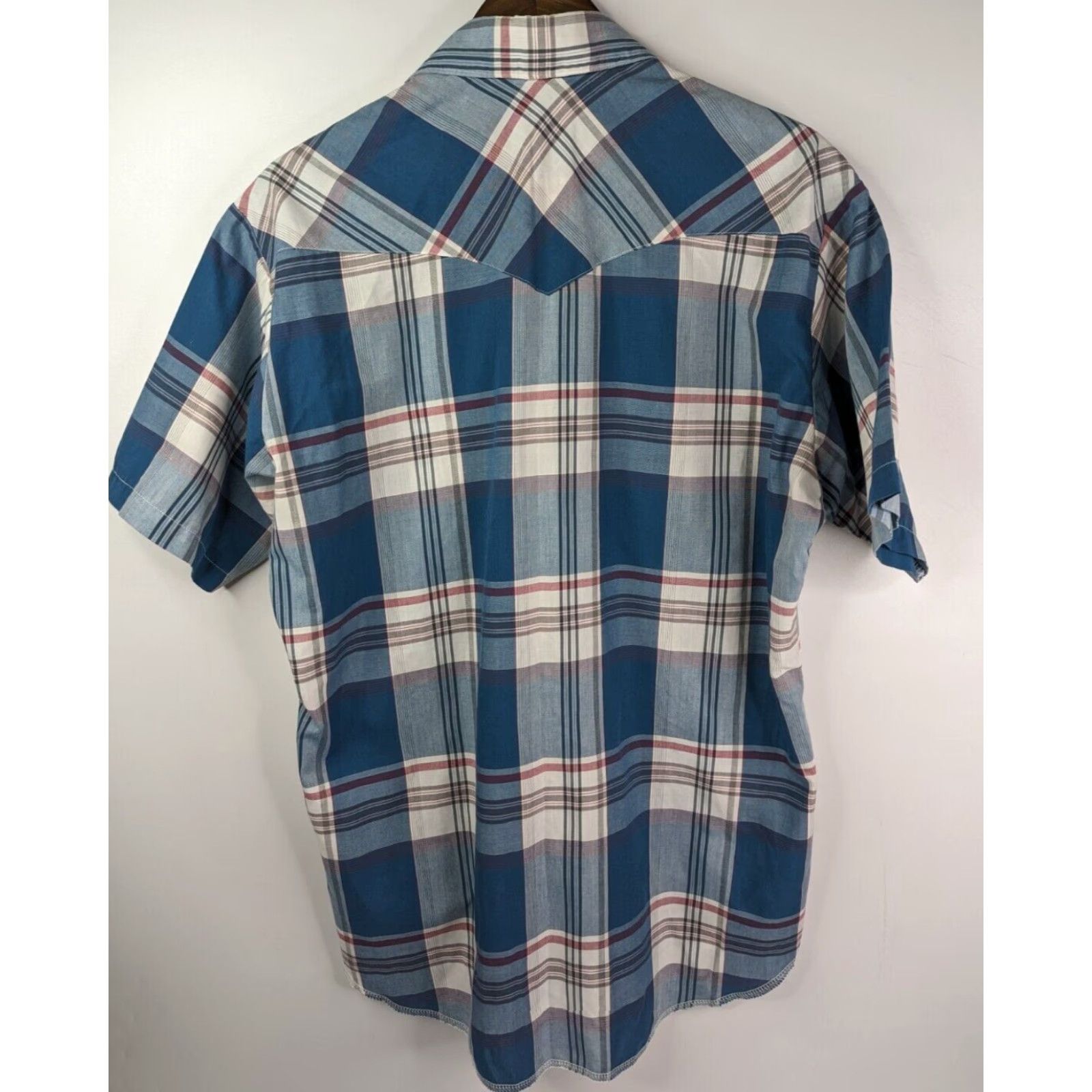 Wrangler VINTAGE Wrangler Western Plaid Pearl Snap Shirt Short Sleeve 16 Blue Mens 80s Western Shirt Snap Closure 16-16.5 Size US L / EU 52-54 / 3 - 4 Thumbnail