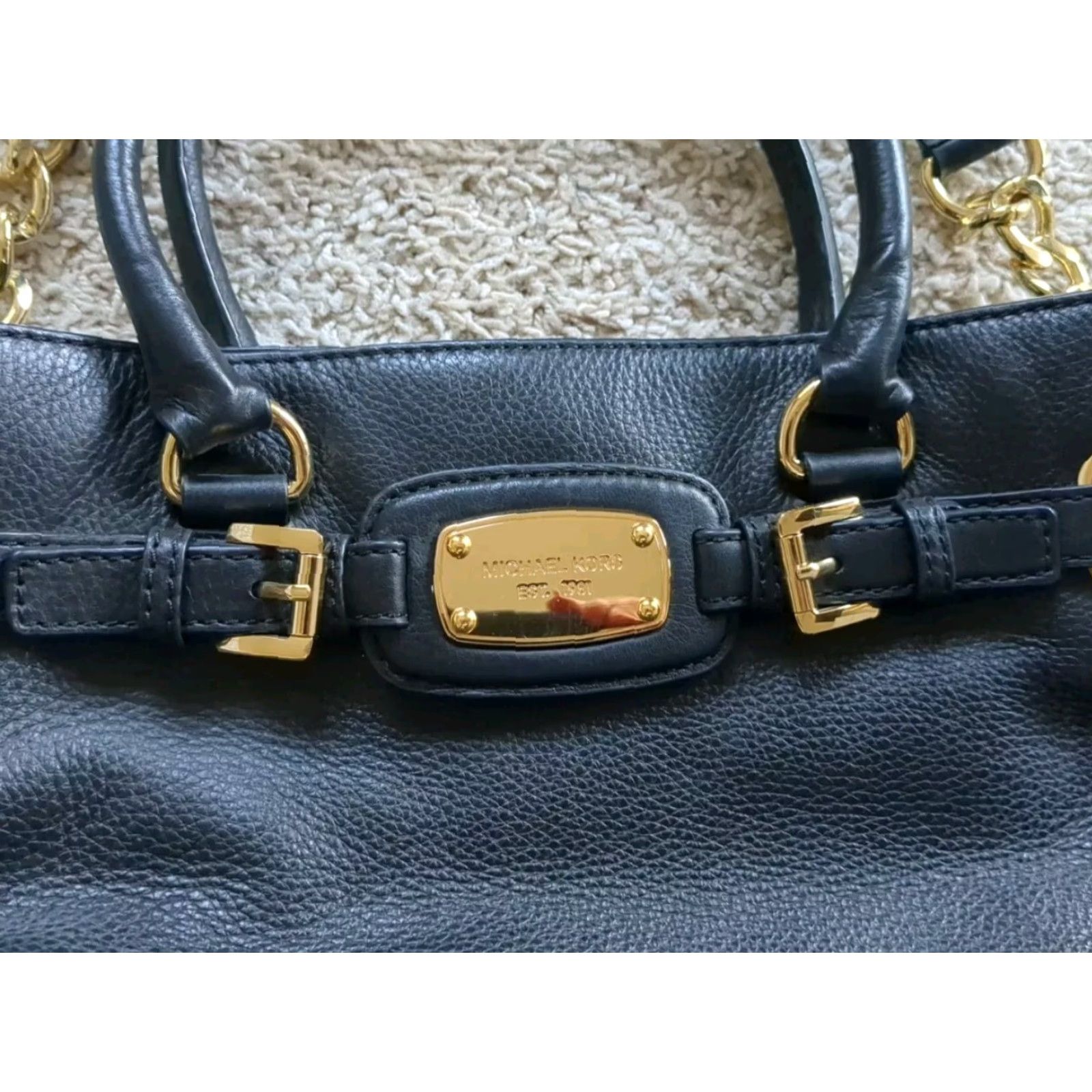 Michael Kors Michael Kors Purse Leather/Gold - Handled Shoulder Bag - Medium Black/Gold Signature Interior Pockets Womens Size ONE SIZE - 3 Thumbnail