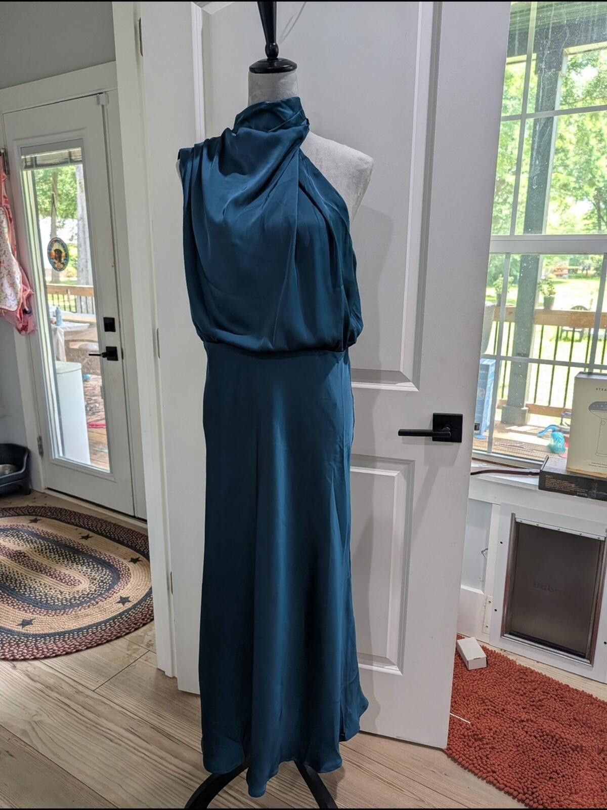 Other Teal Satin High-Neck Sleeveless Maxi Dress Size L / US 10 / IT 46 - 6 Thumbnail