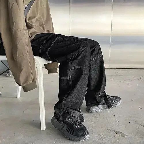 Japanese Brand Black Color Loose Straight Baggy Denim Pant Size US 31 - 3 Thumbnail