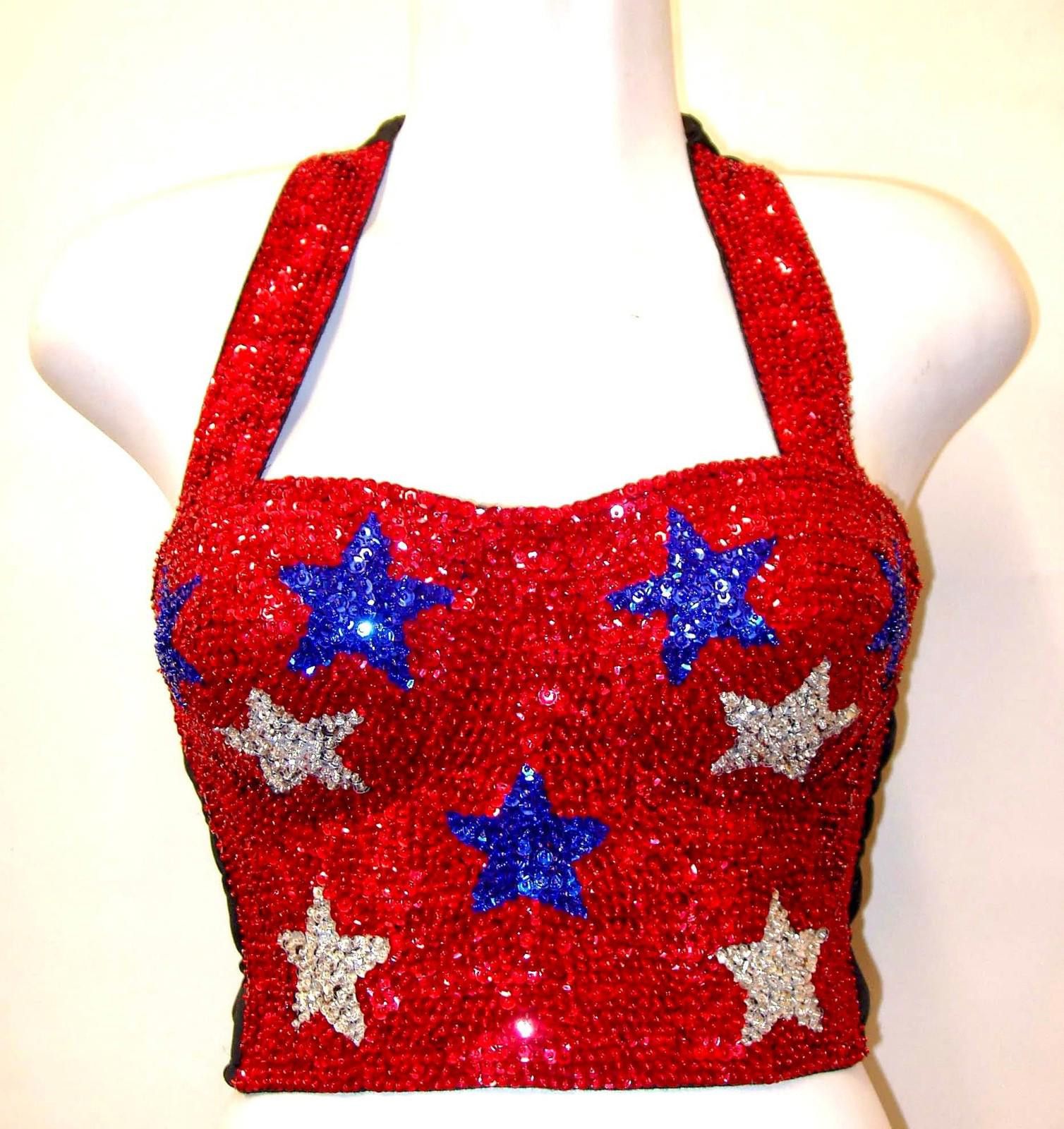 Designer Sequin Halter Top RED w/SILVER & Blue Stars size XL only Size XL / US 12-14 / IT 48-50 - 1 Preview