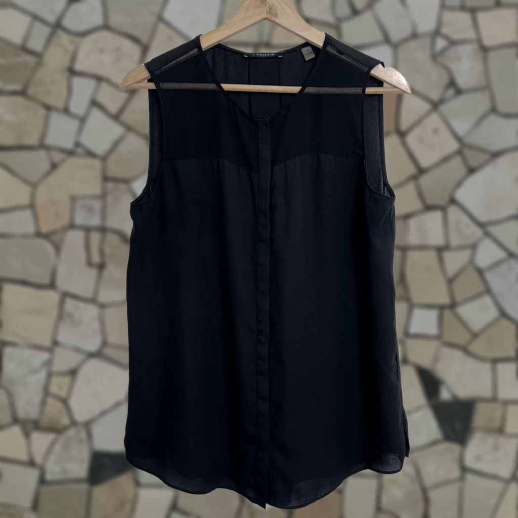 Vintage T Tahari Blouse Sleeveless Black Button Snap Round Neck Womens Medium Sheer Woven Polyester Size M / US 6-8 / IT 42-44 - 1 Thumbnail
