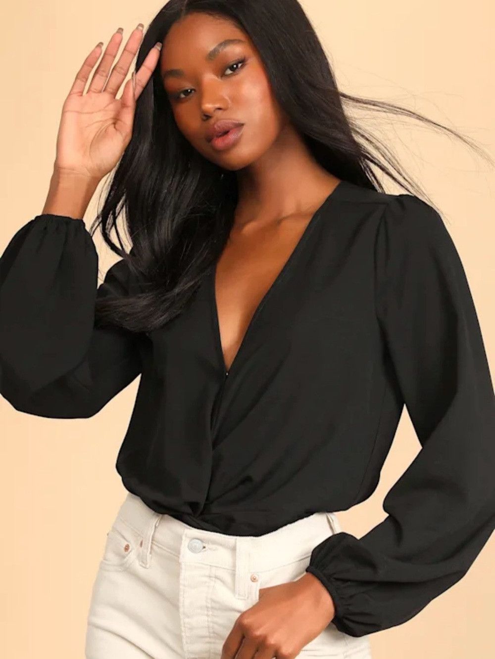 Lulus Twisty Business Black Twist-Front Long Sleeve V-Neck Top Size L / US 10 / IT 46 - 1 Thumbnail
